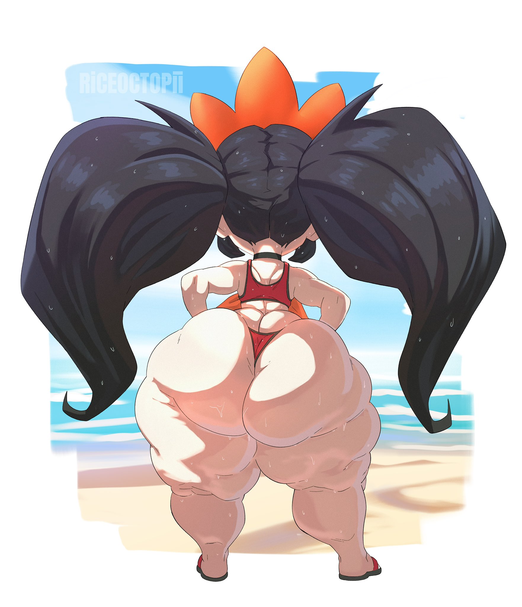1girls, ashley (warioware), ass, black hair, bottom heavy, cellulite, facing away, female, huge ass, long hair, nintendo, riceoctopii, shortstack, swimsuit, thick thighs, twintails, warioware