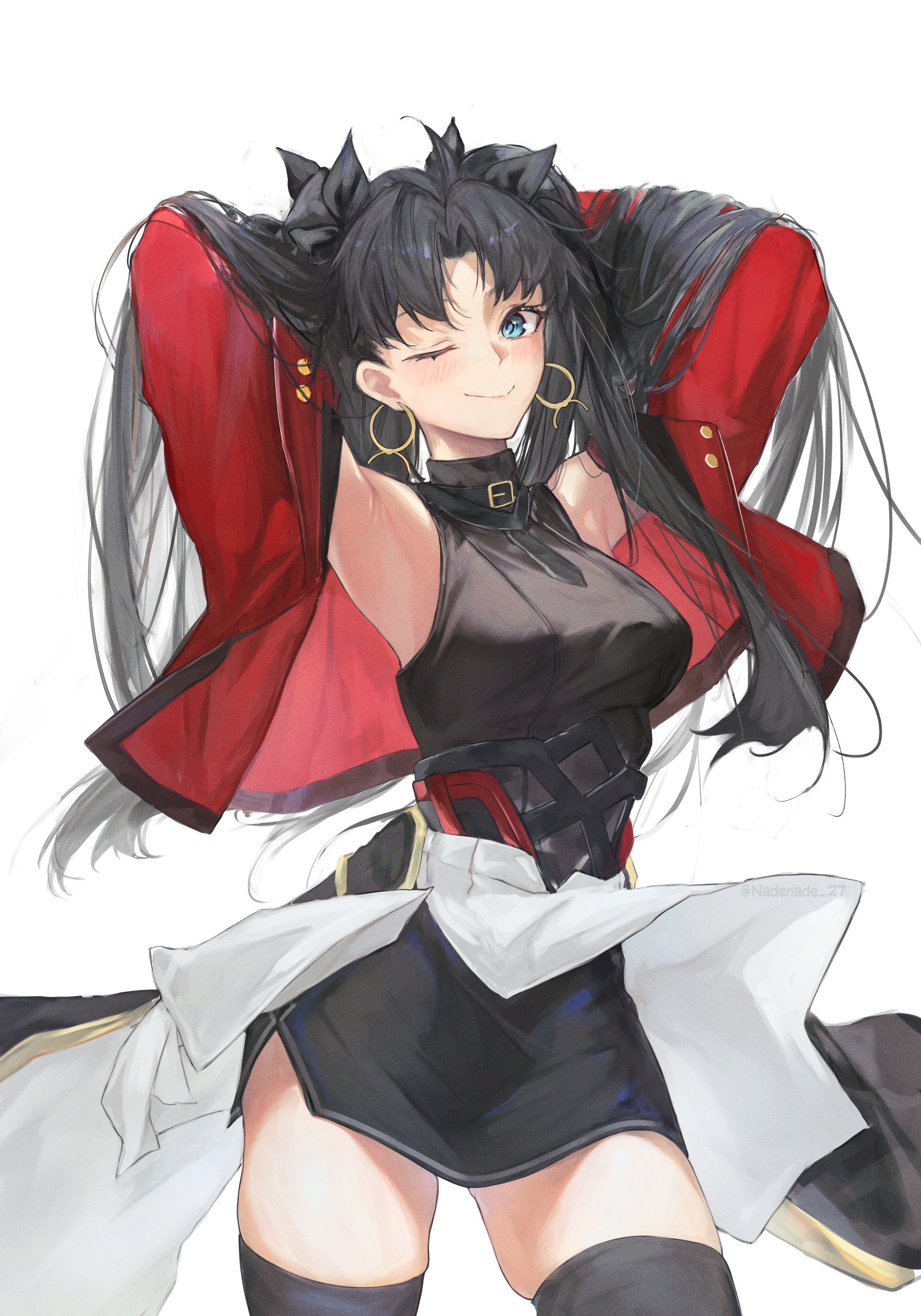 1girl, 1girls, 2026, armpits, binu (nadenade), blue eyes, blush, earrings, fate (series), fate/stay night, female, female only, honkai (series), honkai: star rail, long hair, one eye closed, rin tohsaka, sfw, simple background, smile, solo, solo female, tohsaka rin, white background, wink, winking at viewer