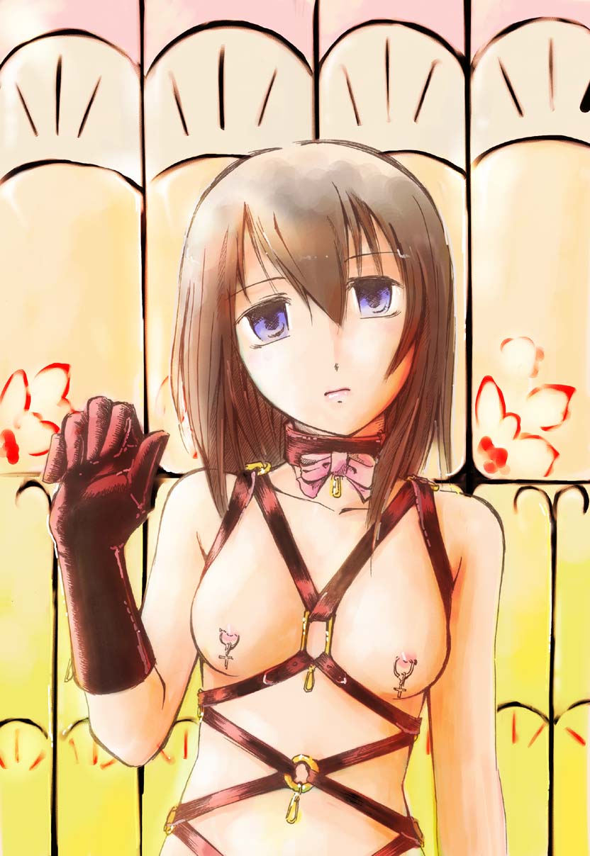 1girls blue_eyes bondage breasts brown_hair collar copyright_request female gloves harness highres jason_(kaiten_kussaku_kikou) jiei_son looking_at_viewer nipple_piercing nipple_rings nipples no.38 piercing public_nudity slave solo