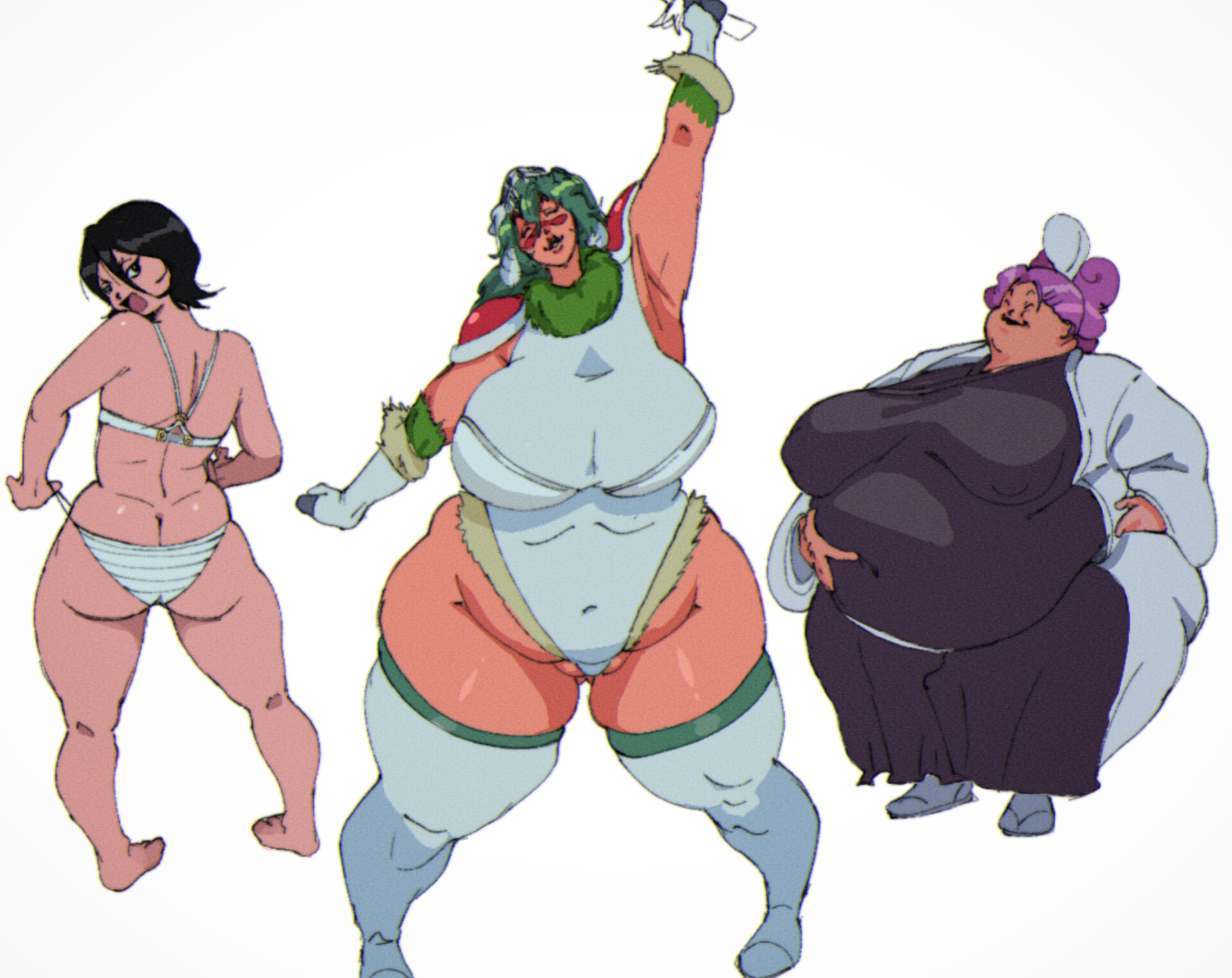 3girls, armpits, ass, ass crack, bbw, bikini, bleach, bleach: the thousand-year blood war, dudeman80085, fat ass, female only, grabbing belly, grabbing own belly, green hair, headwear, hikifune kirio, kirio hikifune, kuchiki rukia, nelliel tu odelschwanck, overweight, overweight female, petite, pulling panties, rukia kuchiki, skull, tagme, thick thighs, thighhighs