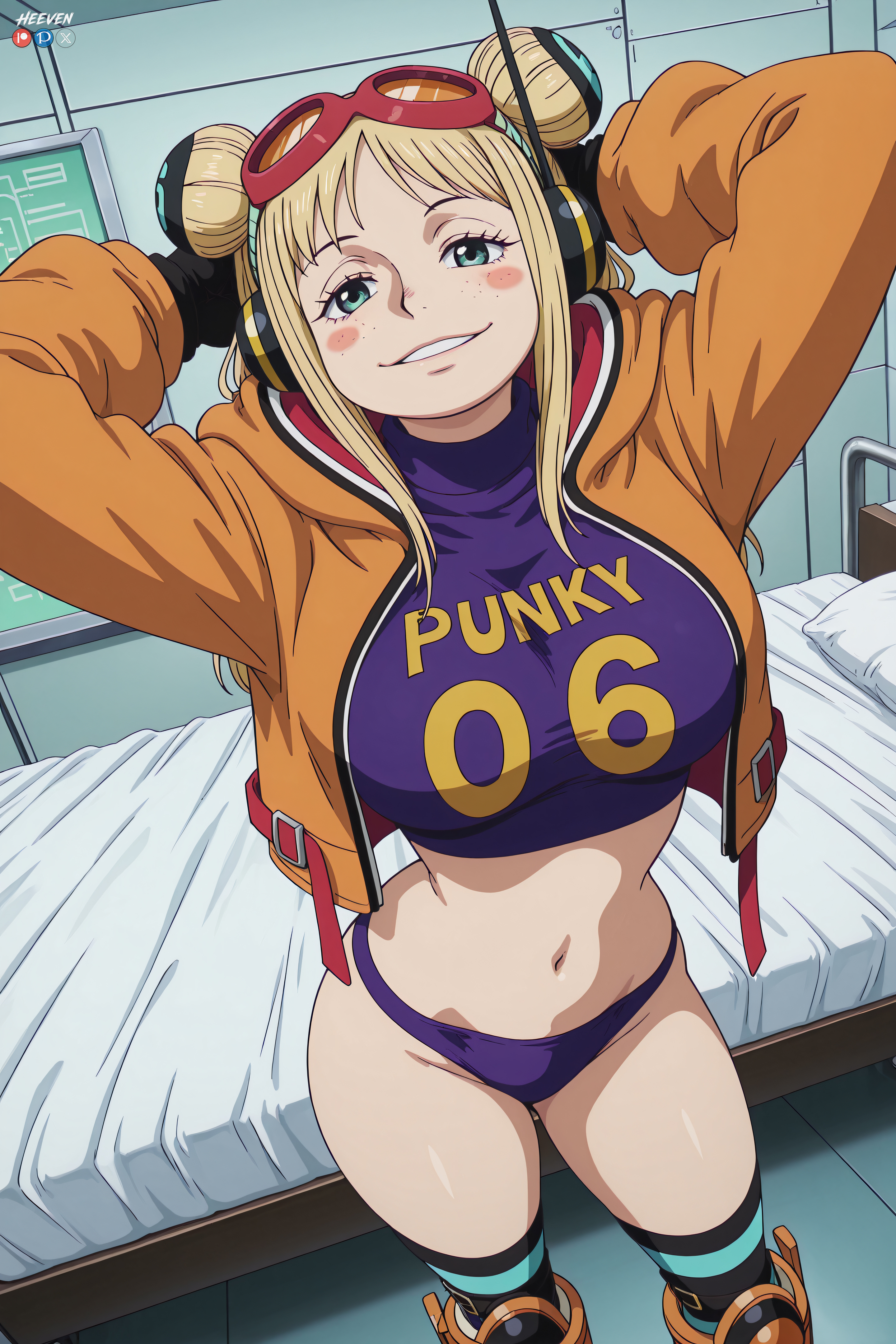 1girls, absurdres, adult, ai assisted, ai generated, big breasts, blonde hair, blonde-haired female, breasts, female, hands behind head, heeven, highres, male, mature, one piece, patreon, patreon username, perfect body, standing, uncensored, vegapunk york