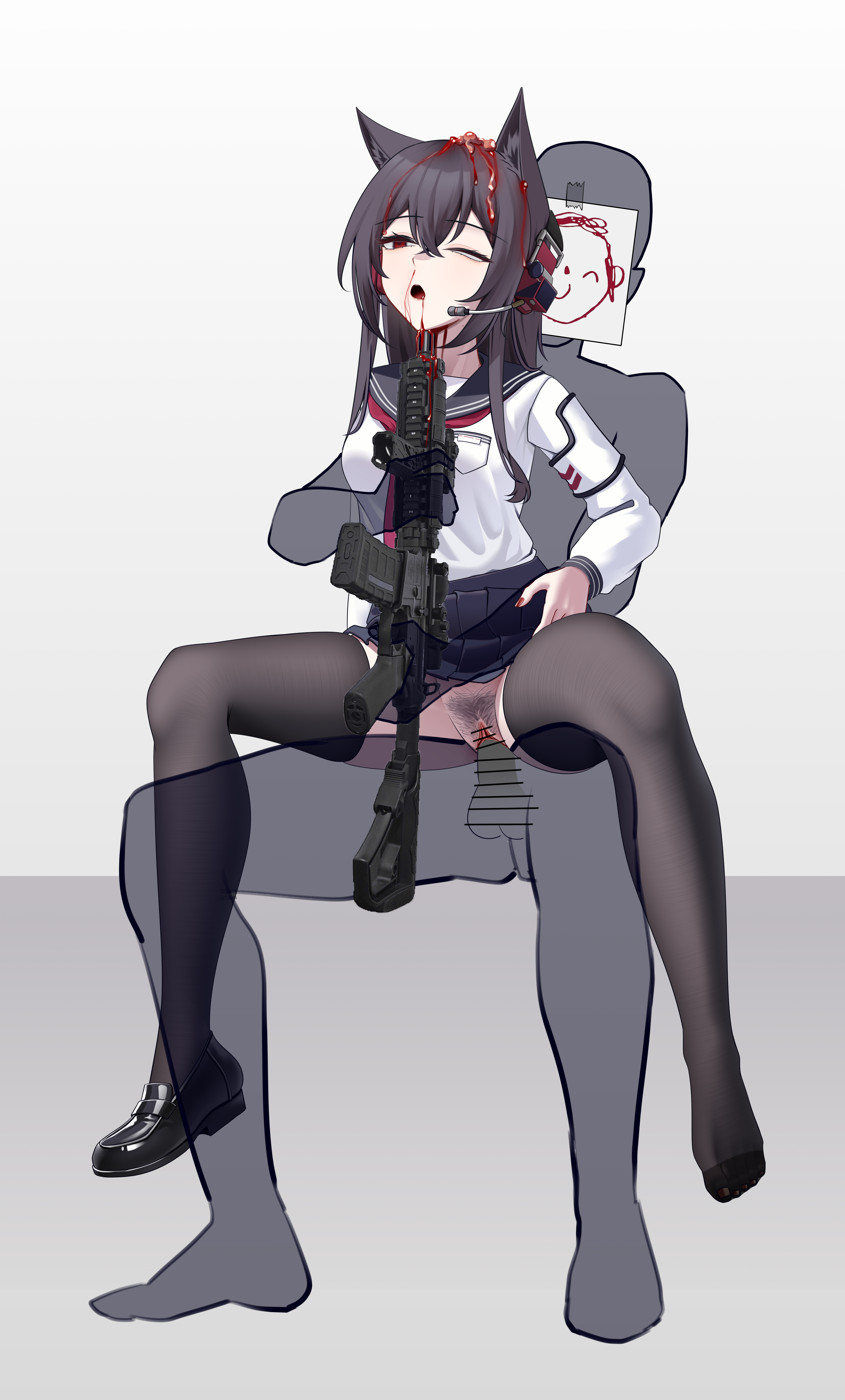 1boy, 1girls, animal ear fluff, animal ears, artist request, assault rifle, black hair, black pantyhose, blood, blue archive, brain matter, breasts, censored, corpse, death, empty eyes, female death, female pubic hair, fox ears, fox girl, gore, guro, hair between eyes, halo, long hair, long sleeves, murder, neckerchief, necrophilia, pussy, red eyes, red halo, rolling eyes, sailor collar, school uniform, sensei (blue archive), serafuku, sex, shirt, shooting, skirt, skirt lift, snuff, straight, vaginal penetration, weapon, yukino (blue archive)