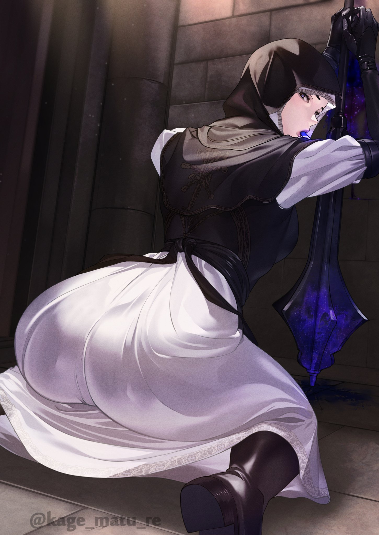1girls, ass, ass focus, back view, big ass, black boots, black gloves, blue tongue, boots, booty, brick wall, butt, color, colored, colored tongue, dat ass, elden ring, elden ring nightreign, eyelashes, fromsoftware, gloves, high resolution, highres, holding, holding object, holding weapon, kagematsuri, kneeling, legs apart, looking back, mouth hold, nun, nun hat, nun outfit, pale skin, pale-skinned female, purple lips, solo, solo female, solo focus, tentacle tongue, tight clothing, tight skirt, tongue, tongue out, twitter username, undertaker (nightreign), video game character, video games, white skin, white skirt