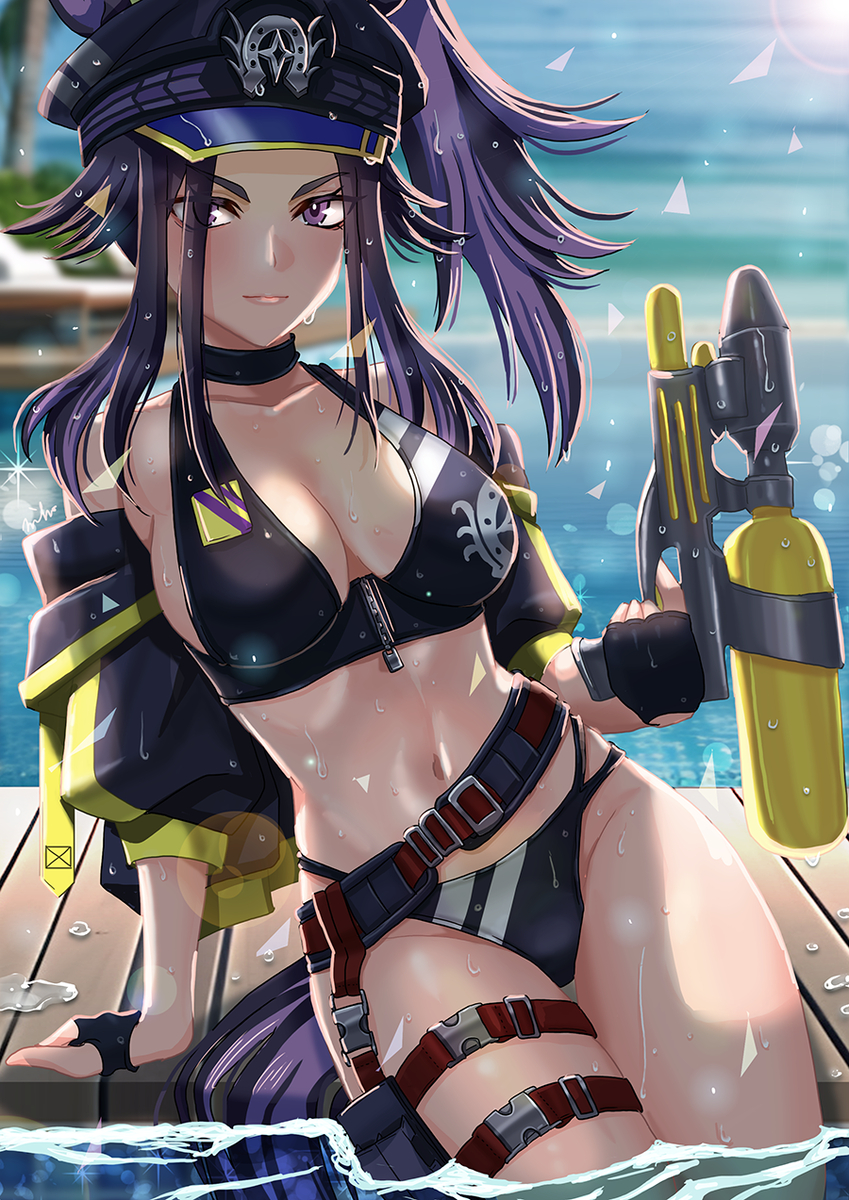 1girl, 1girls, belly, belly button, big breasts, bikini, breasts, cygames, female, female only, fenomeno (umamusume), horse ears, horse tail, looking at viewer, purple eyes, purple hair, sea, seaside, tail, umamusume, umamusume pretty derby, wet, wet body