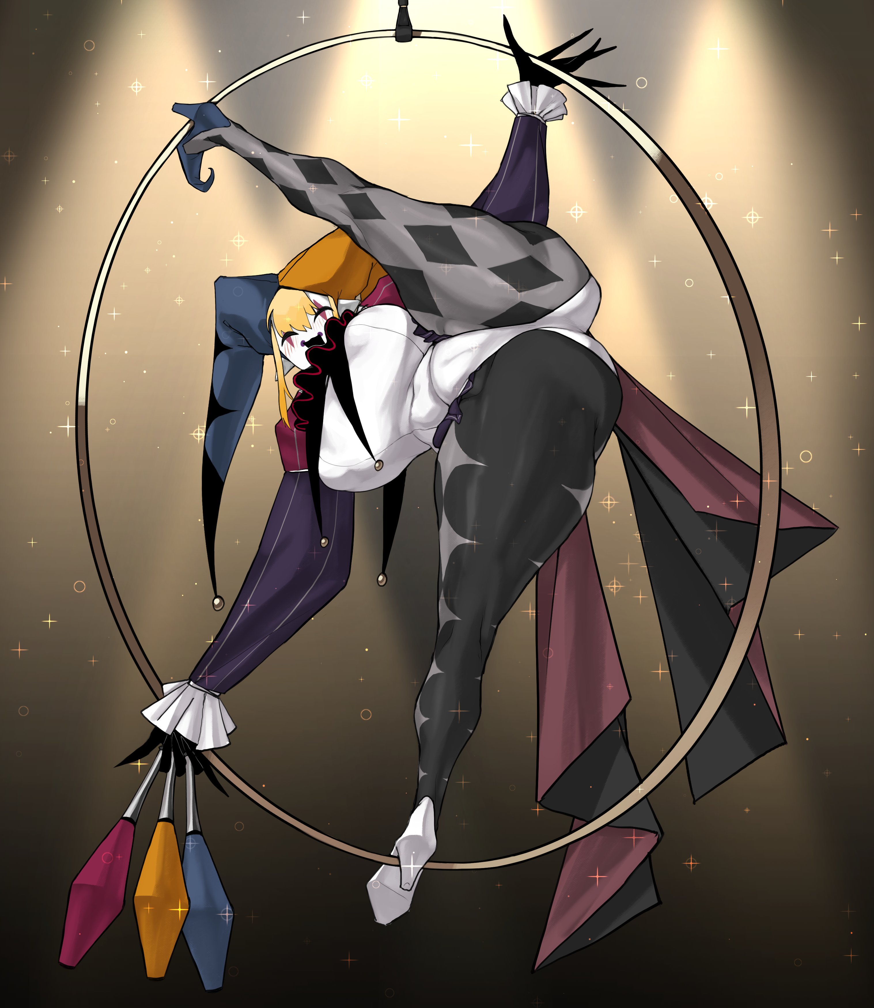 ass, blonde hair, bodysuit, cameltoe, clown, clown girl, clown makeup, covered nipples, curvy, female, female only, flexible, flexible female, high heels, huge ass, jester cap, juggling club, large breasts, long hair, looking at viewer, nlebo hentai, oc, original, smile, spread legs, thick, thick ass, thick thighs