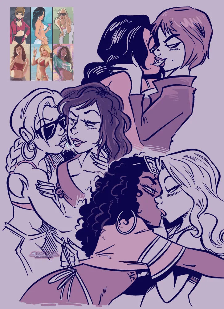 brandon santiago (artist), female, female focus, female only, girl on girl, girls only, grand theft auto, gta vi cover girl, gtav cover girl, hug, hugging, hugging another, hugging partner, kissing, misty (gta), multiple girls, vice city cover girl, yuri