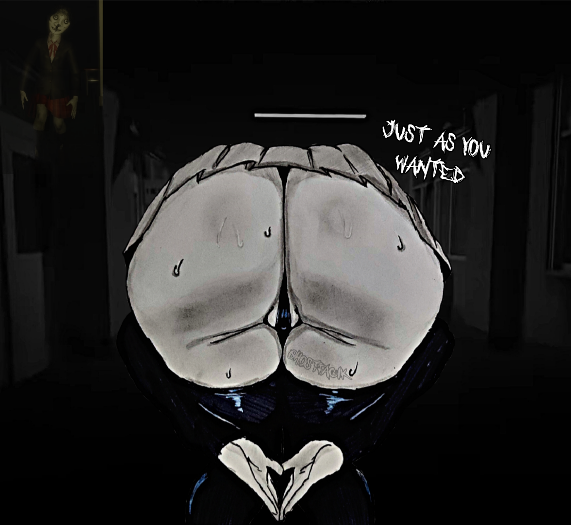 1girl, akari (the mimic), ass, ass focus, ass sweat, bent over, black hai, black panties, explicit, from behind, ghostfacik, glistening skin, huge ass, lineart, monochrome, presenting, pussy focus, roblox, roblox game, school uniform, schoolgirl, self upload, shiny pussy, sketch, solo, sweat, sweatdrop, text, the mimic, thick thighs, thighs, traditional media, wet pussy