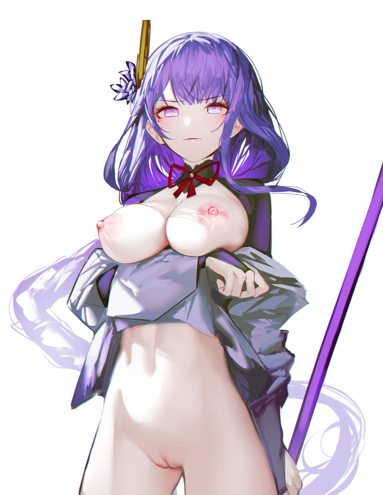 1girl, 1girls, breasts, genshin impact, highres, hoyoverse, iumu, long hair, medium breasts, navel, pussy, raiden shogun, simple background, stomach, tagme, thighs, white background