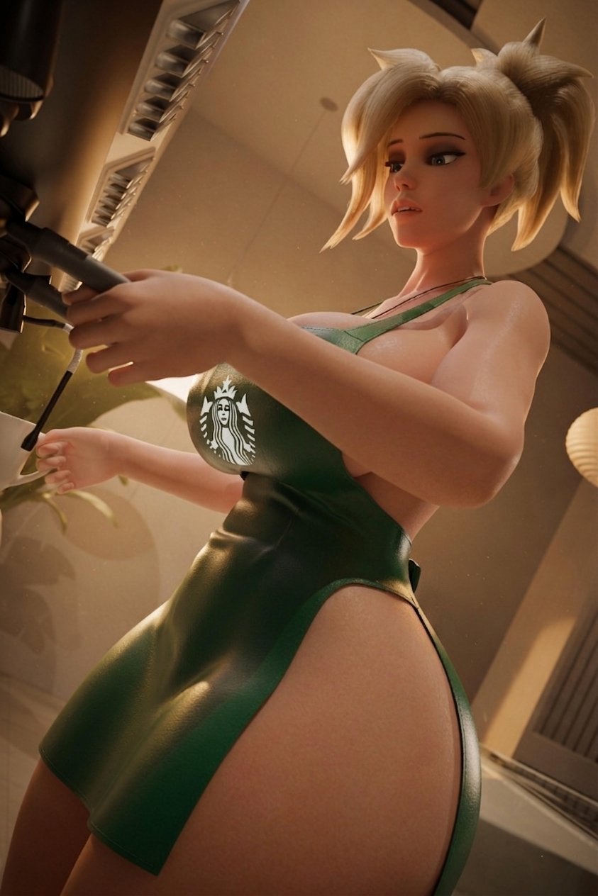 3d, angela ziegler, apron, apron only, barista, big boobs, big breasts, blizzard entertainment, blonde, blonde female, blonde hair, blonde-haired female, boobs, breasts, female, female focus, female only, large breasts, mature, mature female, mature woman, mercy, mercy (overwatch), overwatch, overwatch 2, scrag boy (model), scrag mercy, solo, solo female, solo focus, starbucks, tanqian6918, thick thighs, thighs