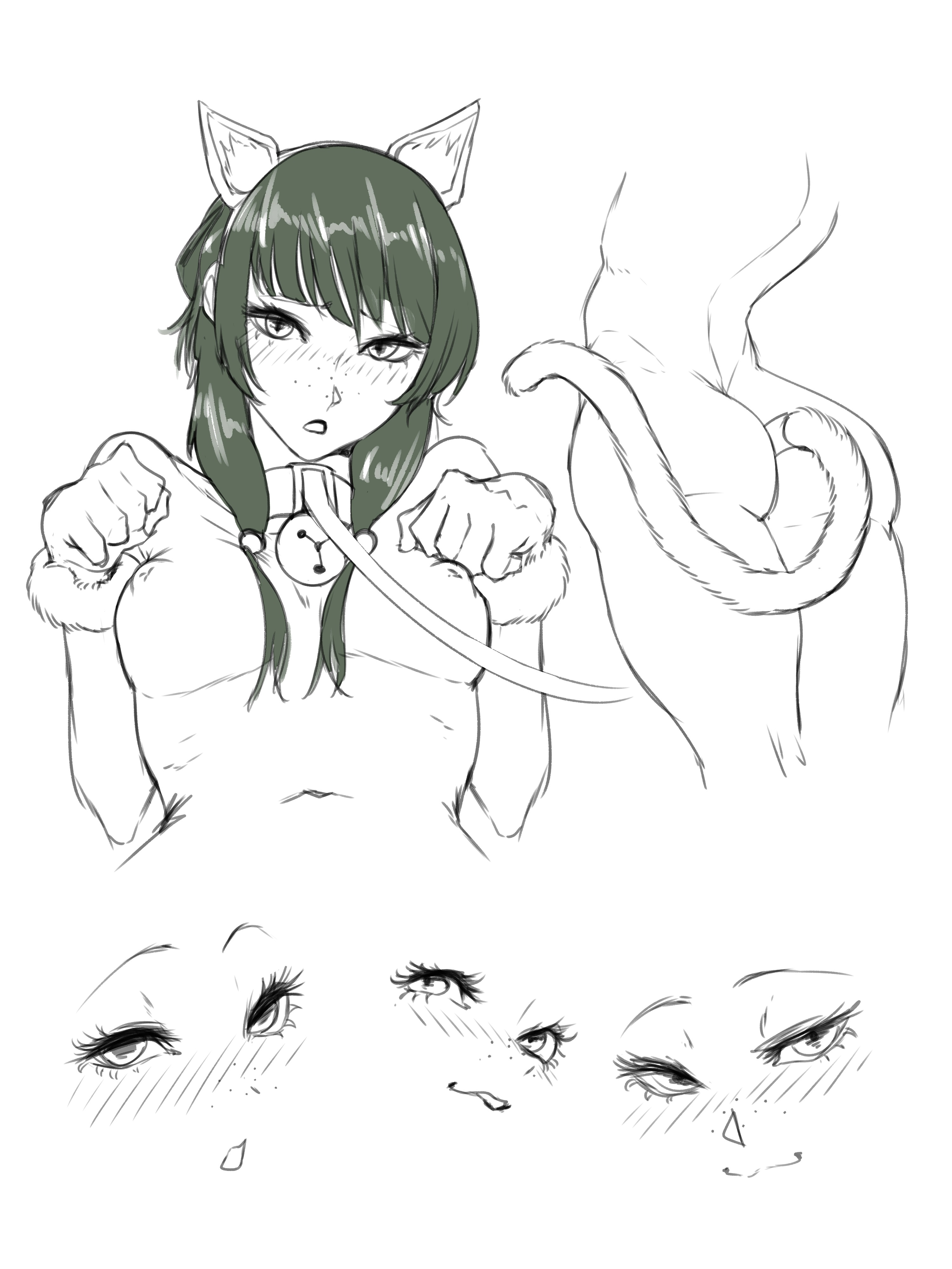 1girls, bell, bell collar, blush, cat ears, cat tail, cat tail buttplug, collar, fake animal ears, fake tail, female, female only, femsub, freckles, freckles on face, kusuriya no hitorigoto, leash, leash and collar, maomao (kusuriya no hitorigoto), monochrome, nekomimi, nude, nude female, once (artist), sketch, small breasts