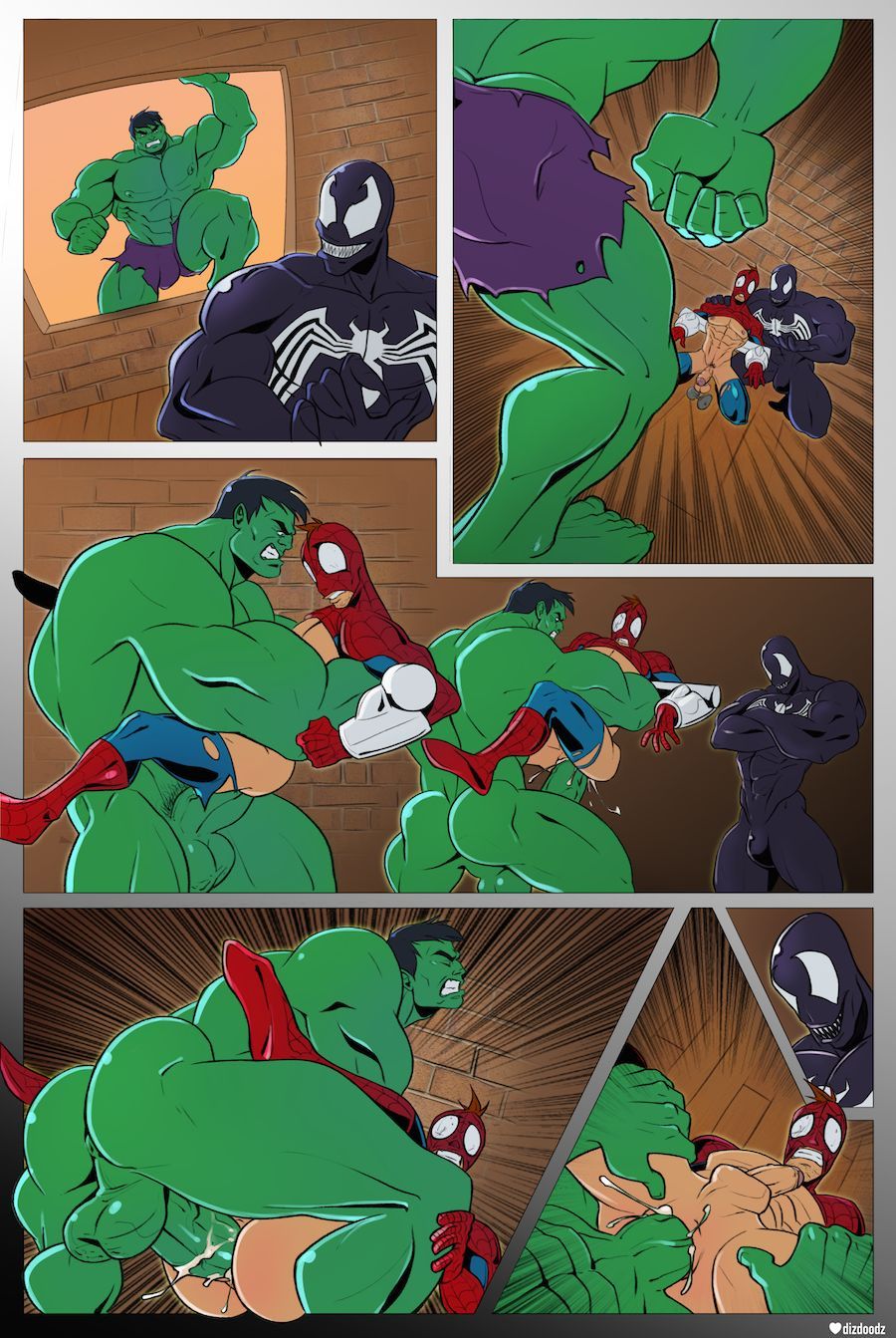 3boys, anal, anal penetration, anal sex, balls, ballsack, bara, barazoku, black hair, brown hair, comic, dizdoodz, gay, gay male, gay sex, green skin, hulk, hulk (series), impossible fit, male, male only, male penetrating male, male/male, marvel, marvel comics, masked, masked male, no dialogue, peter parker, pounding, questionable consent, size difference, spider-man, spider-man (series), venom (marvel)