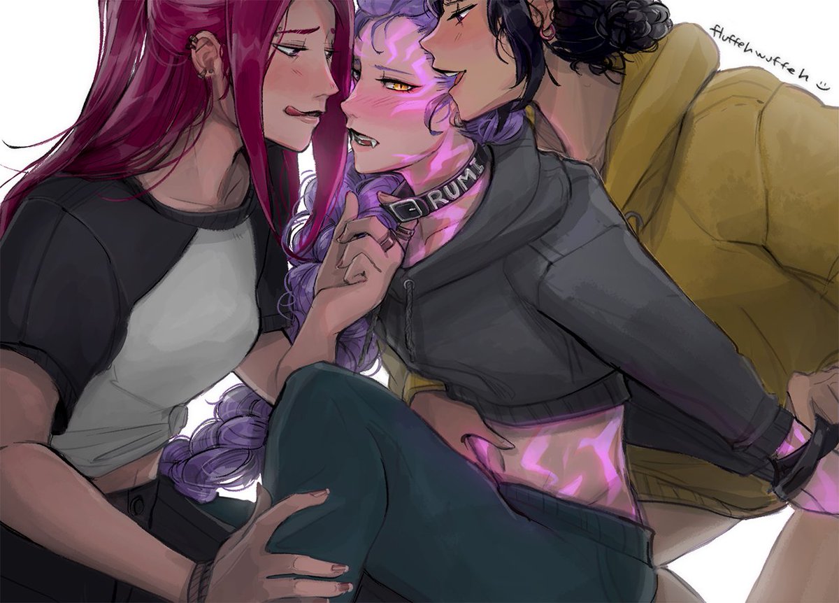 3girls, black hair, collar, femdom, femsub, fluffehhhhh, fluffehwuffeh, huntrix, kpop demon hunters, mira (kpop demon hunters), pink hair, purple hair, rumi (kpop demon hunters), yuri, zoey (kpop demon hunters)