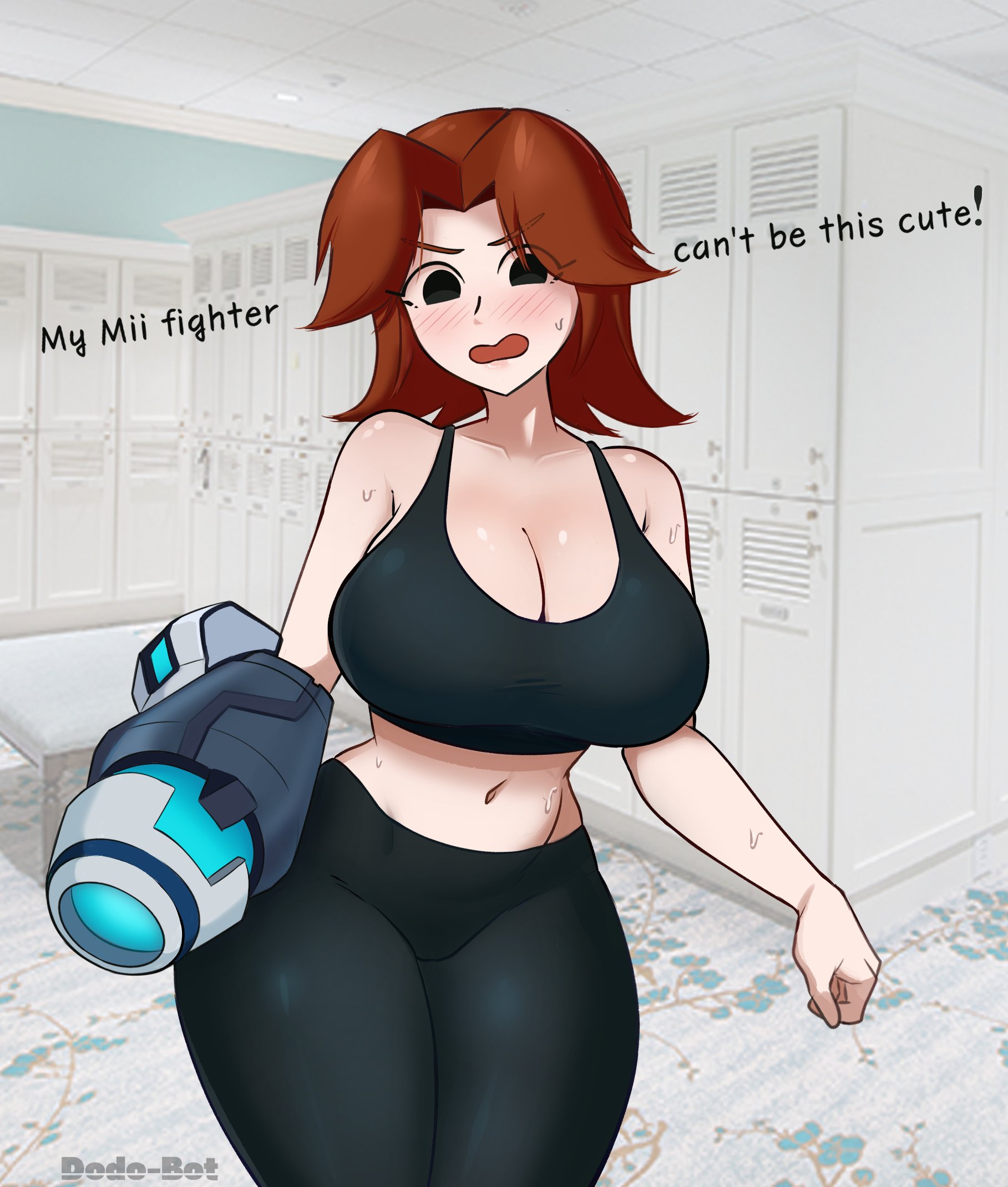 1girls, arm cannon, artist name, bare shoulders, black eyes, black pants, black sports bra, black tank top, blush, bra, breasts, brown hair, cleavage, clenched hand, clothed, clothed female, clothing, collarbone, cowboy shot, crop top, curvy, dodo-bot, english text, female, female only, huge breasts, indoors, large breasts, light skin, light-skinned female, locker, locker room, looking at viewer, medium hair, midriff, mii, mii (nintendo), mii gunner, mii gunner (smash 4), navel, nintendo, open mouth, pants, parted bangs, short hair, solo, sports bra, sportswear, standing, stomach, super smash bros., sweat, tank top, text, thick thighs, thighs, weapon, web address, wide hips, yoga pants