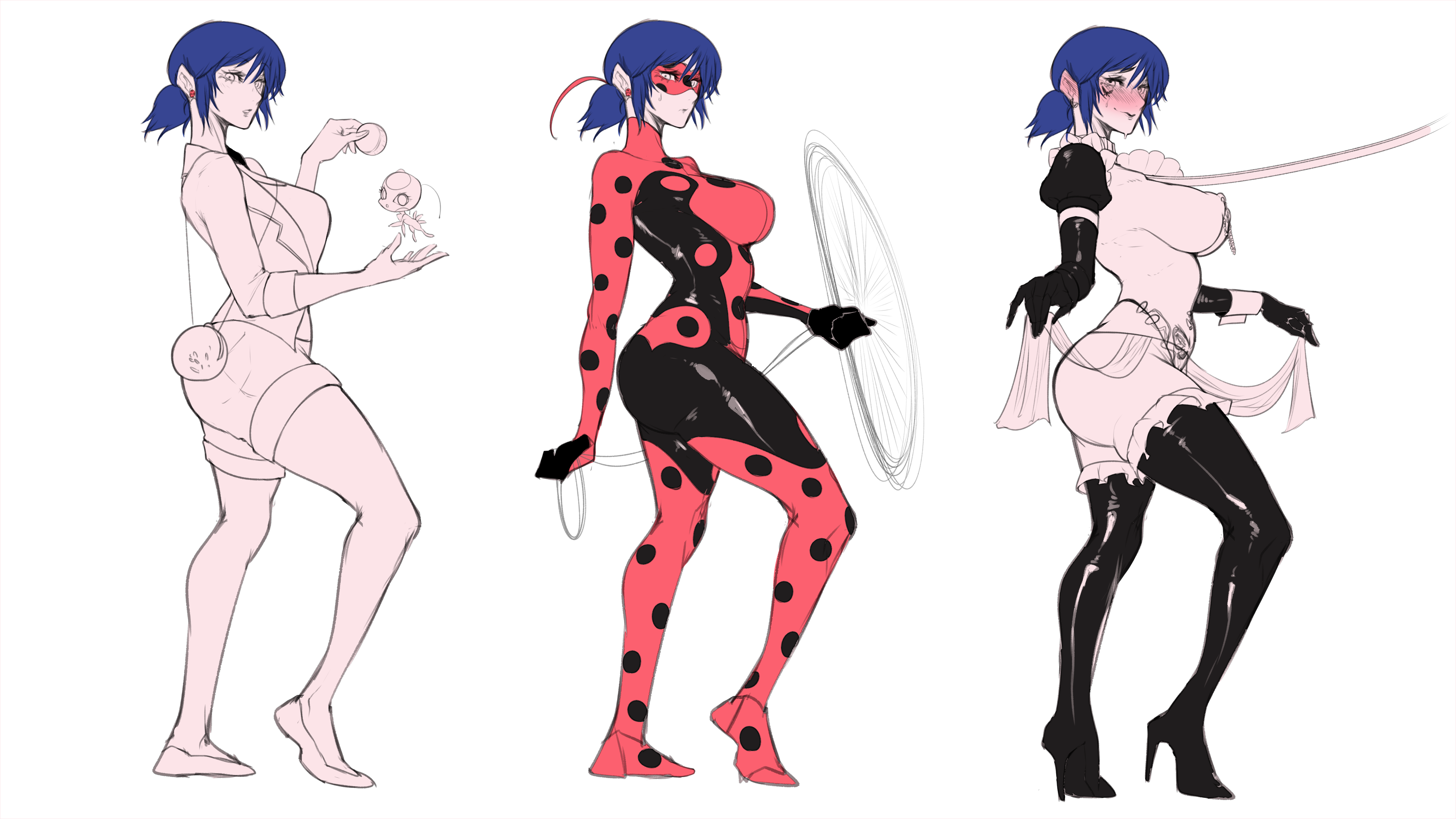 1girls, blue hair, bodysuit, collar, corrupted, corruption, crotch tattoo, earrings, elbow gloves, female, female only, gloves, high heels, kwami, ladybug (character), large breasts, leash and collar, macaron, maid, maid outfit, maid uniform, marinette dupain-cheng, mask, miraculous ladybug, miraculous: tales of ladybug and cat noir, navel piercing, nipple piercing, once (artist), piercing, piercings, pubic tattoo, purse, sketch, superheroine, tattoo, thick thighs, thighhighs, tikki (miraculous ladybug), wide hips, yoyo