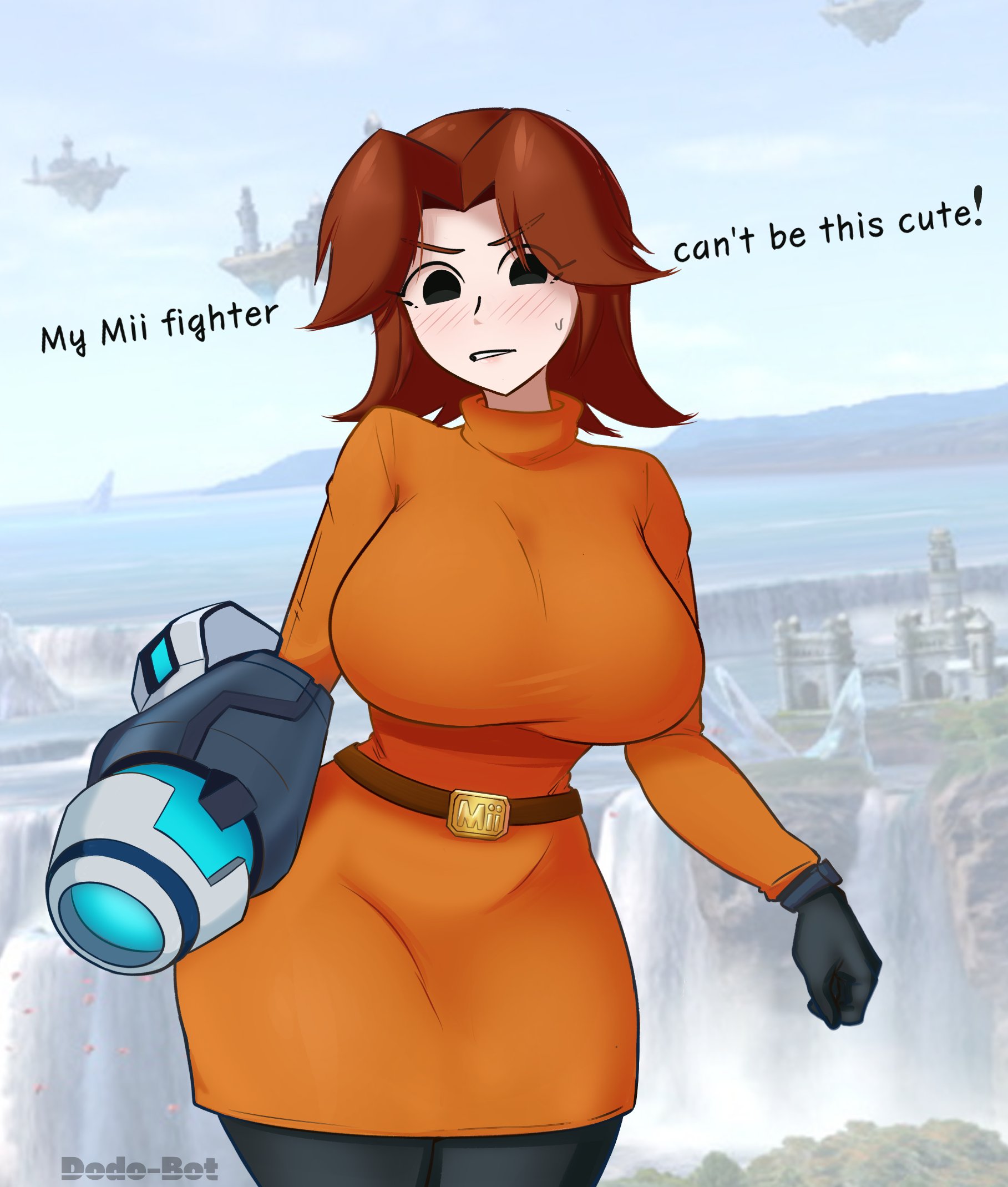 1girl, 1girls, arm cannon, artist name, belt, belt buckle, black eyes, black gloves, black leggings, black pantyhose, blue sky, blurry, blurry background, blush, breasts, brown belt, brown hair, buckle, castle, cliff, clothed, clothed female, cloud, cowboy shot, curvy, day, dodo-bot, dress, embarrassed, english text, eyes visible through hair, female, female only, floating island, gloves, gun, hair intakes, highres, huge breasts, impossible clothes, impossible dress, large breasts, leggings, light skin, light-skinned female, long sleeves, looking at viewer, medium hair, mii, mii (nintendo), mii gunner, mii gunner (smash 4), narrow waist, nintendo, nose blush, ocean, orange dress, orange sweater, outdoors, pantyhose, parted bangs, parted lips, short dress, sky, solo, standing, super smash bros., sweatdrop, sweater, text, turtleneck, turtleneck dress, twitter username, water, waterfall, weapon, wide hips