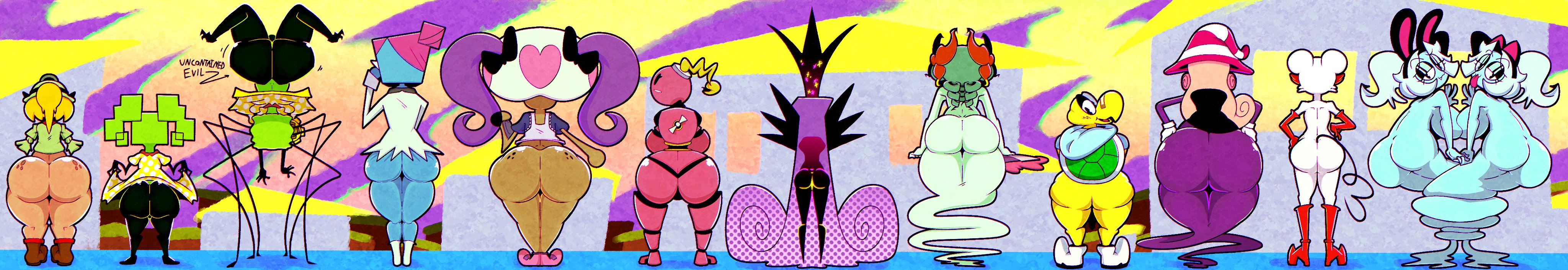 :3, 11girls, 1boy, 2026, 2d, 2d (artwork), 2d artwork, anthro, armless, ass bigger than head, ass chart, ass crack, ass focus, ass freckles, bald, band-aid, bandaid, big ass, big boobs, big breasts, big butt, big thighs, black body, black skin, blonde, blonde female, blonde hair, blue body, blue skin, blush, blush lines, blushing, bob-omb, bomb, bombette, boo (mario), boots, bottomless, bow, bunny ears, butt, cat ears, chart, crown, cute fang, dark skin, dress lift, evil container, fan, female, female focus, fixing glasses, footwear, freckles, freckles on ass, ghost, ghost girl, ghost tail, glasses, glasses on face, gloves, gloves and boots only, gloves only, goomba, goombella, green body, green hair, green skin, hands on hips, hat, holding hands, huge ass, huge breasts, huge butt, huge thighs, koopa, koopa troopa, koops, kumo ken, kumoken, lady bow, lahla, lahla (mario), lifting skirt, light skin, long boots, long gloves, long hair, looking at viewer, looking away, looking back, looking down, maid, maid apron, maid headdress, maid outfit, maid uniform, mario (series), mario bros, mask, massive ass, massive boobs, massive breasts, massive butt, massive thighs, mechanical body, metal, metallic body, mimi (super paper mario), mouse, mouse ears, mouse girl, mouse humanoid, mouse tail, ms. mowz, mushroom, mushroom cap, mushroom girl, mushroom hat, mushroom humanoid, naked, naked footwear, nastasia, nintendo, nude, paper mario, paper mario: the thousand-year door, peace sign, peeka, peeka (mario), pigtails, pink body, pink hair, pink hair female, ponytail, presenting, presenting ass, purple body, purple hair, purple skin, robot, robot girl, robot humanoid, showing ass, showing off, small ass, smug, spider legs, spots, sticking out tongue, super paper mario, sweater, sweater only, thick, thick ass, thick butt, thick hips, thick legs, thick thighs, toad (mario), toad waitress, tongue, tongue out, trans (lore), trans woman, turtle, upside down, upside-down, very long hair, vivian (paper mario), waitress, waitress outfit, waitress uniform, wardrobe malfunction, white body, white fur, wind up mechanism, witch hat