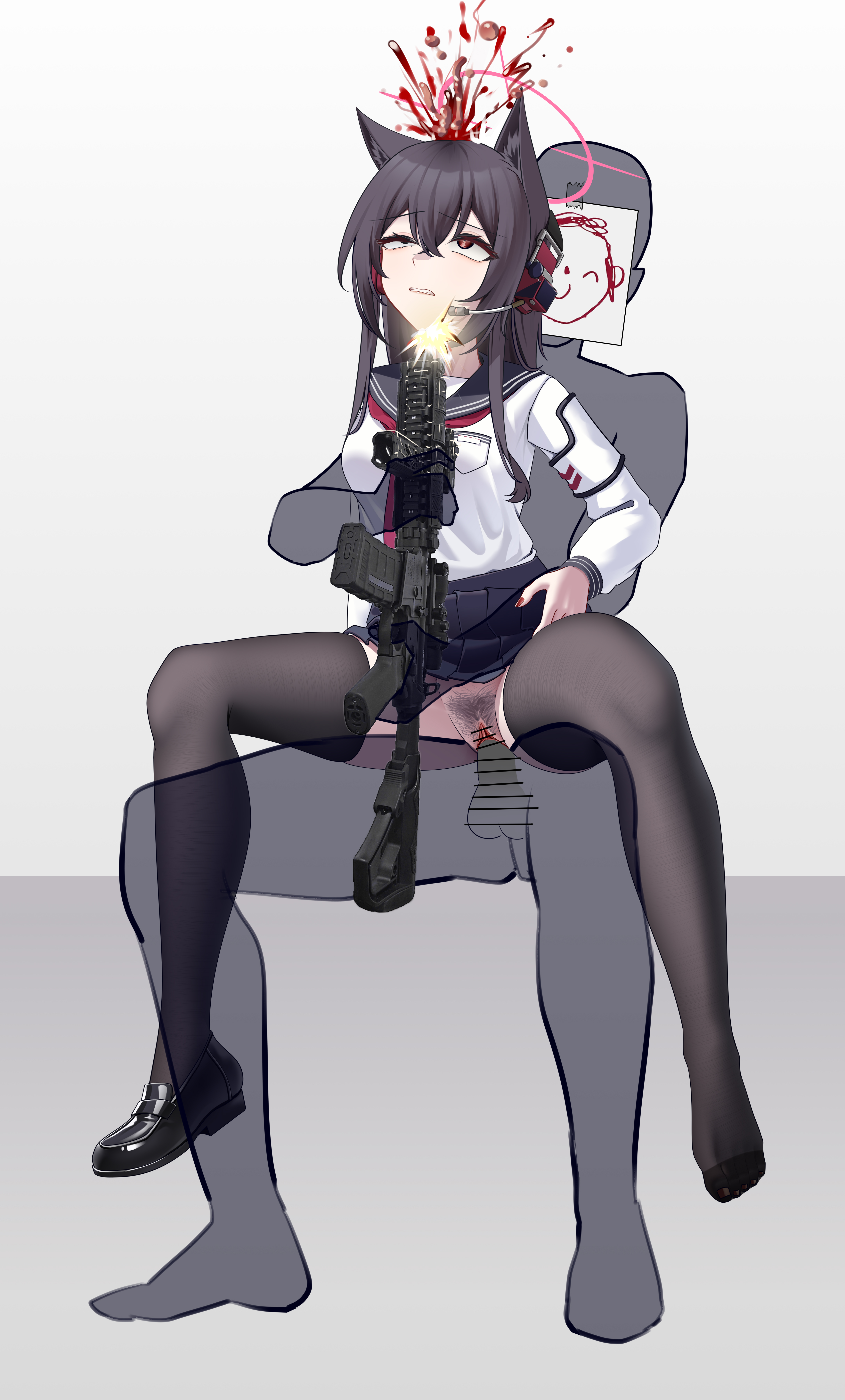 1boy, 1girls, animal ear fluff, animal ears, artist request, assault rifle, black hair, black pantyhose, blood, blue archive, brain matter, breasts, censored, corpse, death, empty eyes, female death, female pubic hair, fox ears, fox girl, gore, guro, hair between eyes, halo, long hair, long sleeves, murder, neckerchief, necrophilia, pussy, red eyes, red halo, rolling eyes, sailor collar, school uniform, sensei (blue archive), serafuku, sex, shirt, shooting, skirt, skirt lift, snuff, straight, vaginal penetration, weapon, yukino (blue archive)