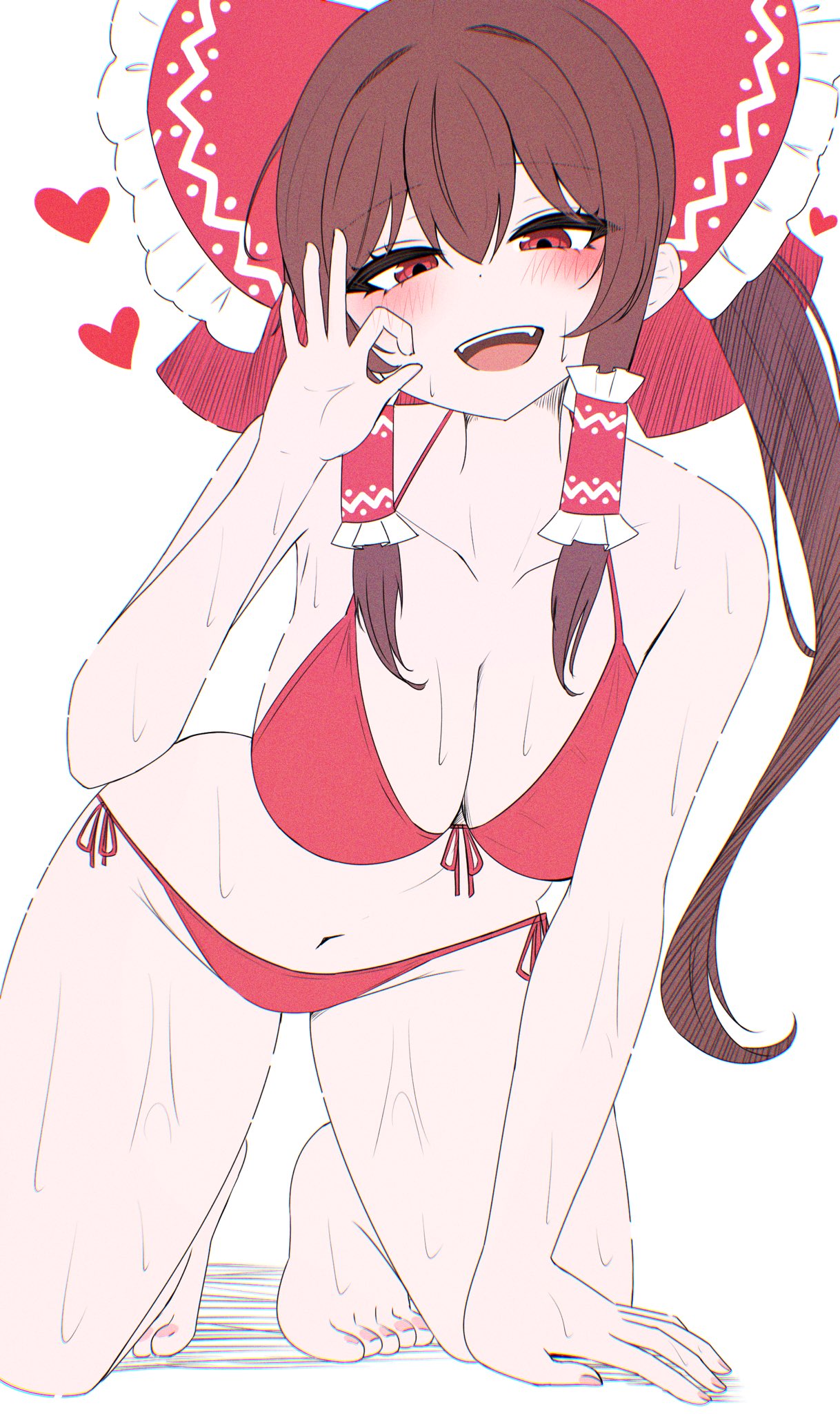 all fours, barefoot, bikini, blush, fellatio gesture, heart, kiui (dagk8254), large breasts, looking at viewer, naughty face, open mouth, pink nails, pink toenails, reimu hakurei, smile, teeth, thick thighs, toes, touhou, wet skin, wide hips