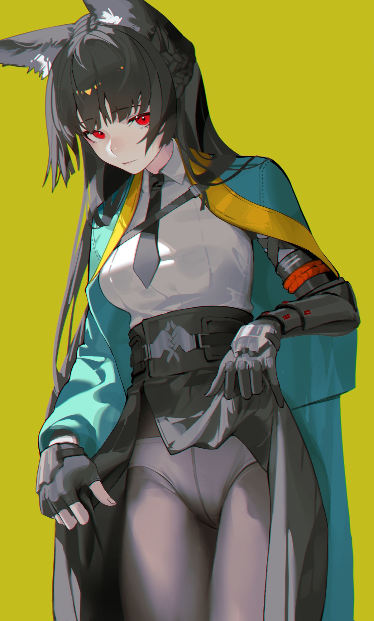 1girl, 1girls, animal ears, black pantyhose, black skirt, blunt bangs, blush, clothes lift, fox ears, fox girl, gauntlets, gloves, green jacket, headband, highres, hoshimi miyabi, iumu, jacket, lifting own clothes, looking at viewer, necktie, panties, panties under pantyhose, pantyhose, red eyes, side slit, simple background, skirt, skirt lift, solo, solo female, solo focus, underwear, yellow background, yellow headband, zenless zone zero