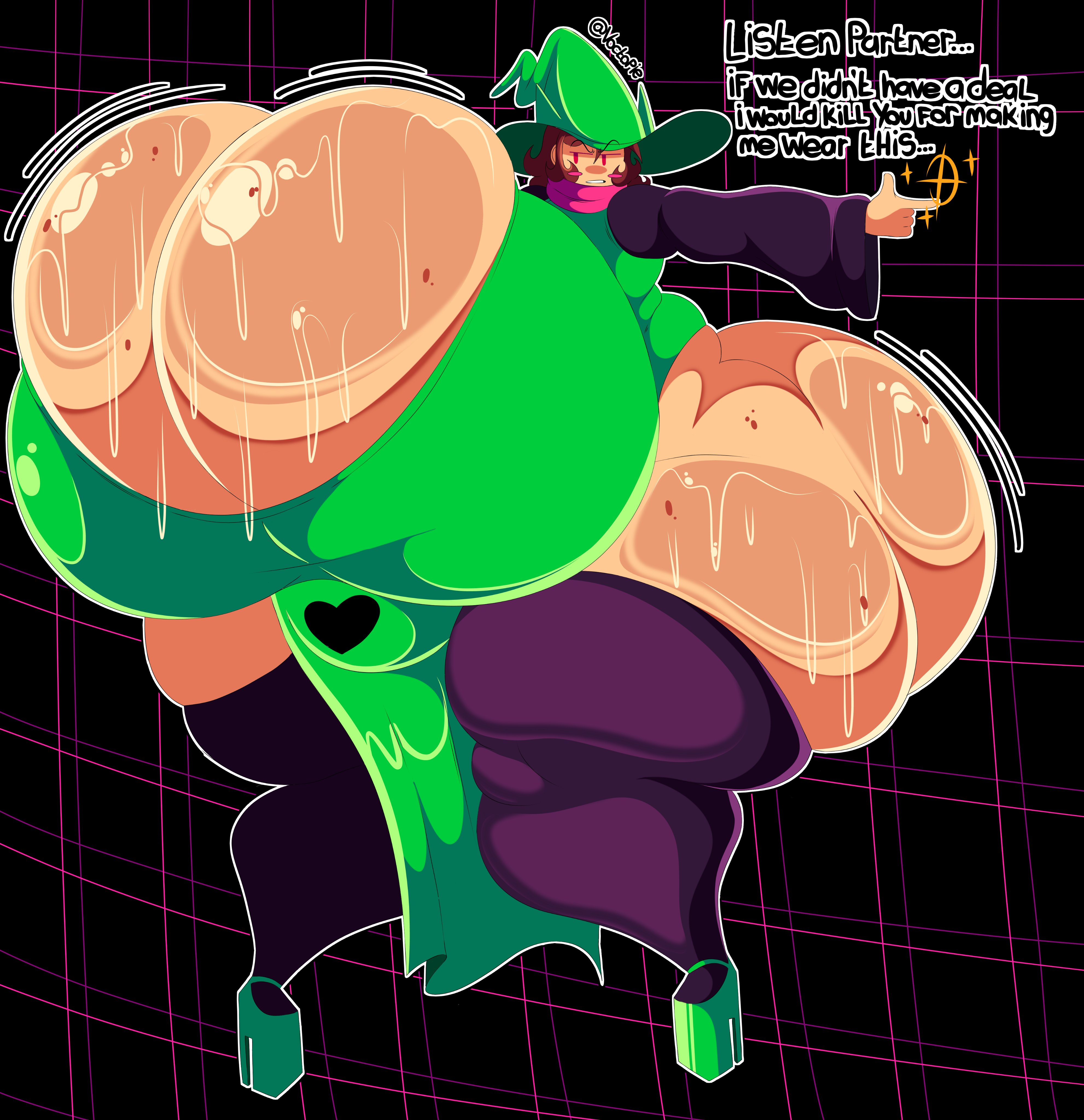 1girls, annoyed, annoyed expression, big ass, big breasts, big butt, big thighs, black stockings, brown hair, chara, cock sucker chara, deltarune, dialogue, english, english text, female chara, green clothing, green heels, heels, hyper, hyper ass, hyper breasts, hyper butt, hyper thighs, ralsei (cosplay), red eyes, rosy cheeks, scarf, solo, stockings, sweat, text, undertale, undertale (series), voctopie, wizard, wizard hat, wizard robe