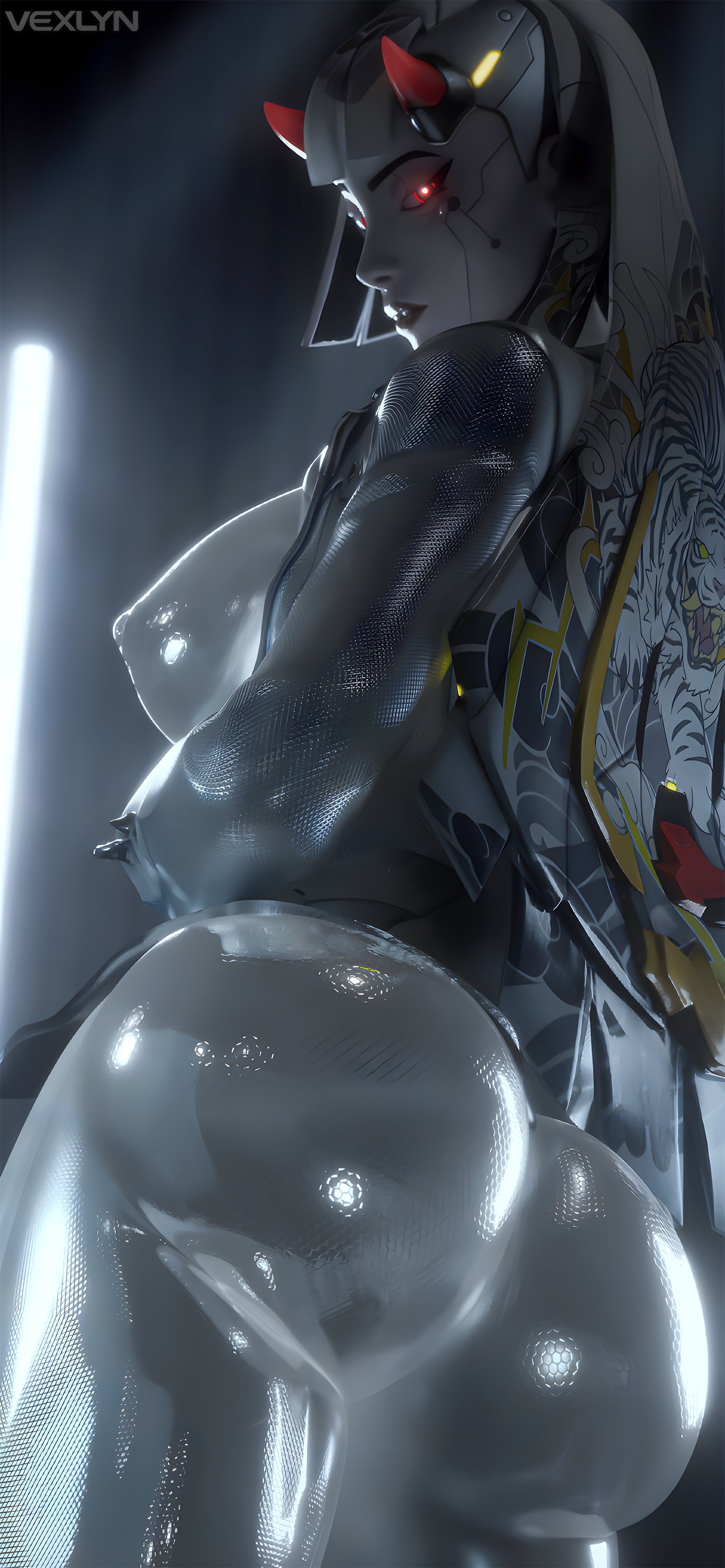 1girl, 1girls, android, android girl, artificial skin, back view, big ass, big breasts, blender, blizzard entertainment, female, female focus, female only, girl, hi res, horns, jacket, long hair, looking at viewer, looking back, nude, nude female, overwatch, overwatch 2, pale skin, pale-skinned female, plastic skin, red eyes, red lips, reflective body, robot, robot girl, robot humanoid, robotic, robotic genitalia, shiny skin, shion (overwatch), sole female, solo, solo female, solo focus, technology, vexlyn, white hair, white skin