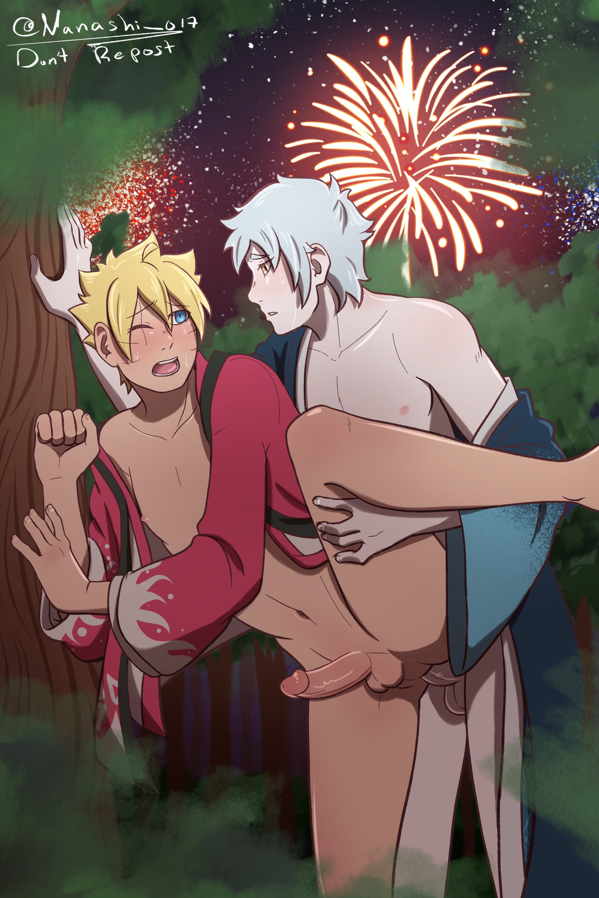 2boys, absurd res, absurd resolution, absurdres, against tree, balls, bare shoulders, barefoot, blonde hair, blue eyes, blue hair, blue kimono, blue yukata, boruto, boruto (series), boruto uzumaki, boruto: naruto next generation, boruto: naruto next generations, boruto: naruto the movie, boruto: two blue vortex, boruto:naruto next generations, bottomless, boyfriend, boyfriends, couple, duo, duo focus, duo male, erect nipples, erection, exposed penis, feet, feet up, femboy, festival, festive clothing, fireworks, gay, gay anal, gay male, gay sex, hi res, high resolution, highres, kimono, leg up, legs up, light skin, light-skinned male, looking at another, looking at partner, male penetrated, male penetrating, male penetrating male, messy hair, mitsuki (naruto), moan, moaning, moaning in pleasure, nanashi 017, narrowed eyes, naruto, naruto (series), nature, nature background, night, night sky, nipples, no panties, one eye closed, one leg up, open mouth, orgasm face, outdoors, outside, pale skin, pale-skinned male, penetration, penis, penis out, pink kimono, pink nipples, pleasure face, romantic, romantic ambiance, romantic couple, romantic sex, scar, scar across eye, scar on face, shonen jump, shounen jump, shueisha, standing, standing on one leg, standing sex, teen, teenage male, teenager, testicles, thigh grab, thighs, trees, twink, undressing, uzumaki boruto, very high resolution, weekly shonen jump, weekly shounen jump, yaoi, yellow eyes, yellow hair, yukata
