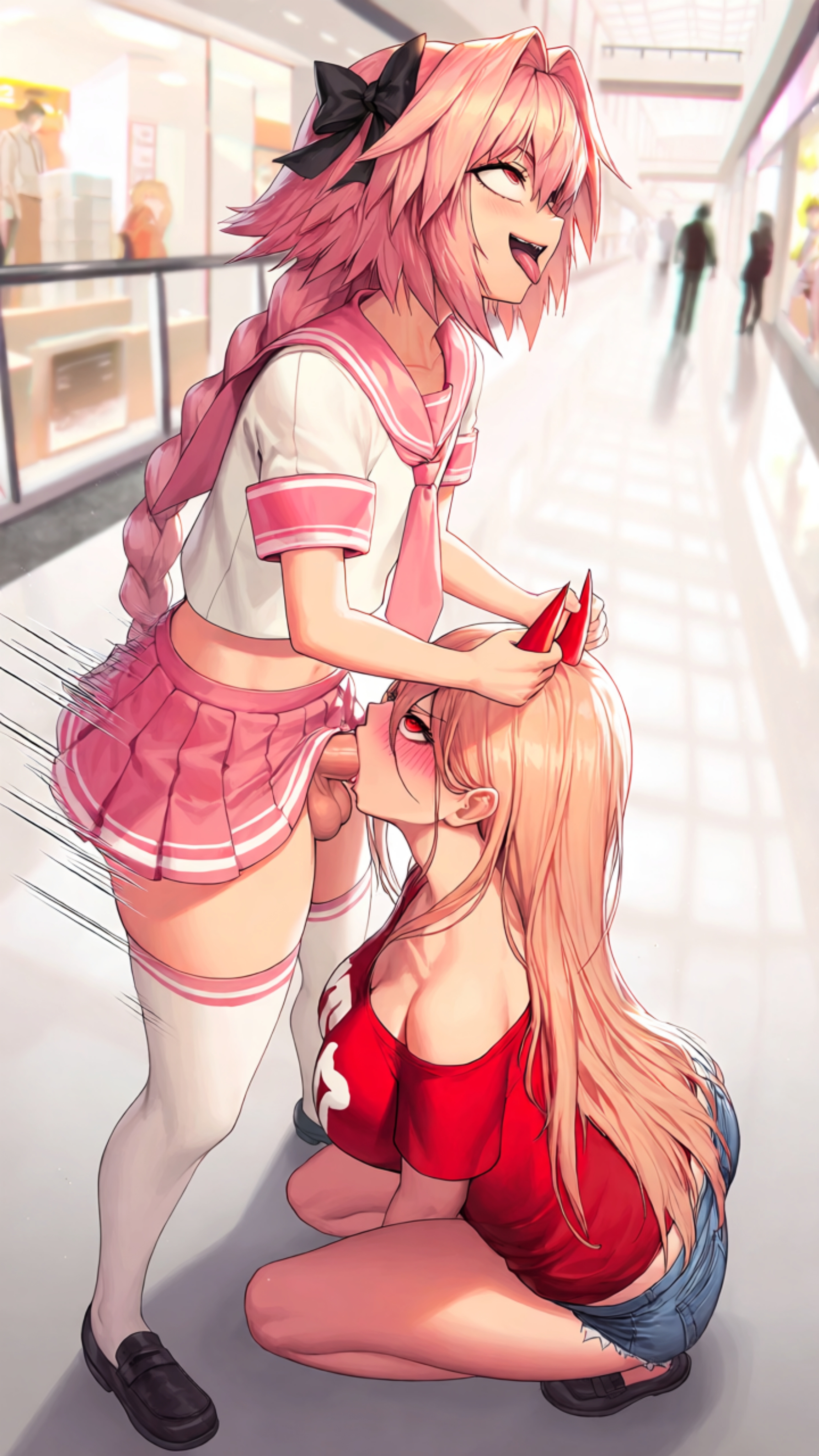 1boy, 1boy1girl, 1femboy, 1girls, ahegao, ahegao face, ai generated, astolfo (fate), astolfo (sailor paladin) (fate), blonde female, blonde hair, chainsaw man, clothed, clothed female, clothed femboy, clothed male, deepthroat, face fucking, fate (series), fate/grand order, fellatio, femboy, femboy on female, holding horns, mall, oral, oral sex, pink hair, power (chainsaw man), public, public exposure, public humiliation, red eyes
