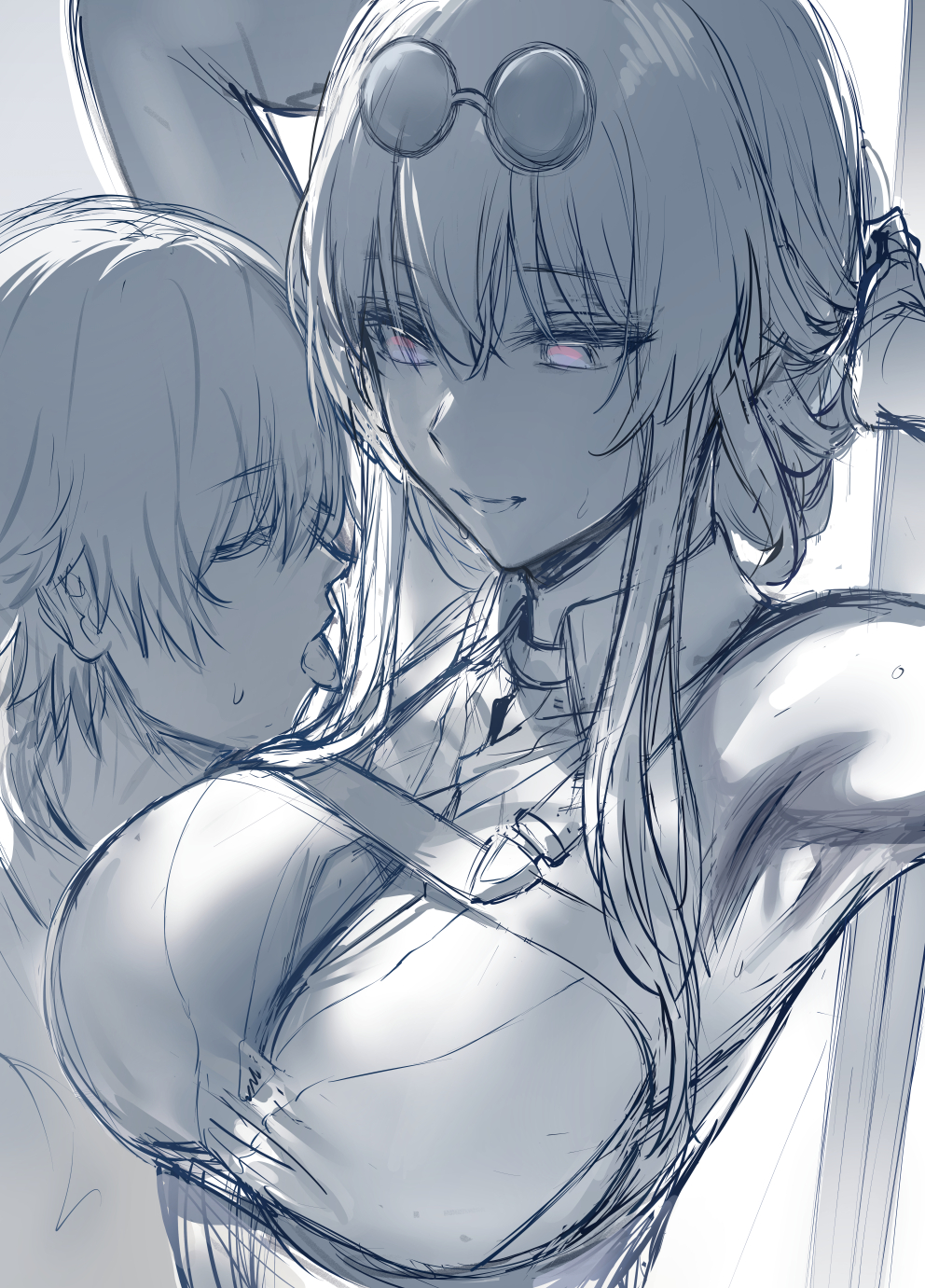 1boy, armpits, arms up, breasts, caelus (honkai: star rail), eyewear on head, female, greyscale, hews hack, highres, honkai (series), honkai: star rail, kafka (honkai: star rail), large breasts, licking, licking armpit, long hair, looking at viewer, male, monochrome, open mouth, round eyewear, short hair, sidelocks, sketch, smile, sunglasses, sunglasses on head, tongue, tongue out