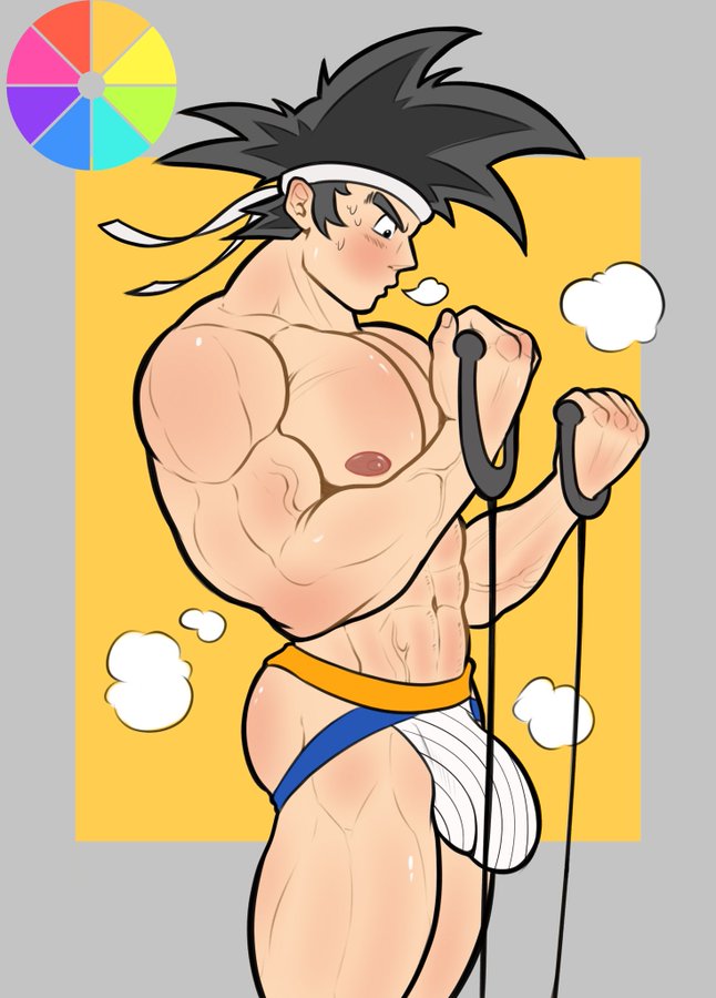 1boy abs bara big_bulge big_muscles black_hair blush blushing bulge bulge_through_clothing color_wheel_challenge dragon_ball dragon_ball_z exercise exercise_equipment exercising feet_out_of_frame gay gepp_(artist) grey_background headband huge_bulge jockstrap jockstrap_only light-skinned_male light_skin male male_only muscles muscular muscular_male orange_background pecs pectorals penis_in_underwear solo solo_focus solo_male son_goku standing steam steaming_body steamy_breath sweat sweatdrop sweating underwear underwear_only veiny veiny_muscles white_headband white_jockstrap white_underwear