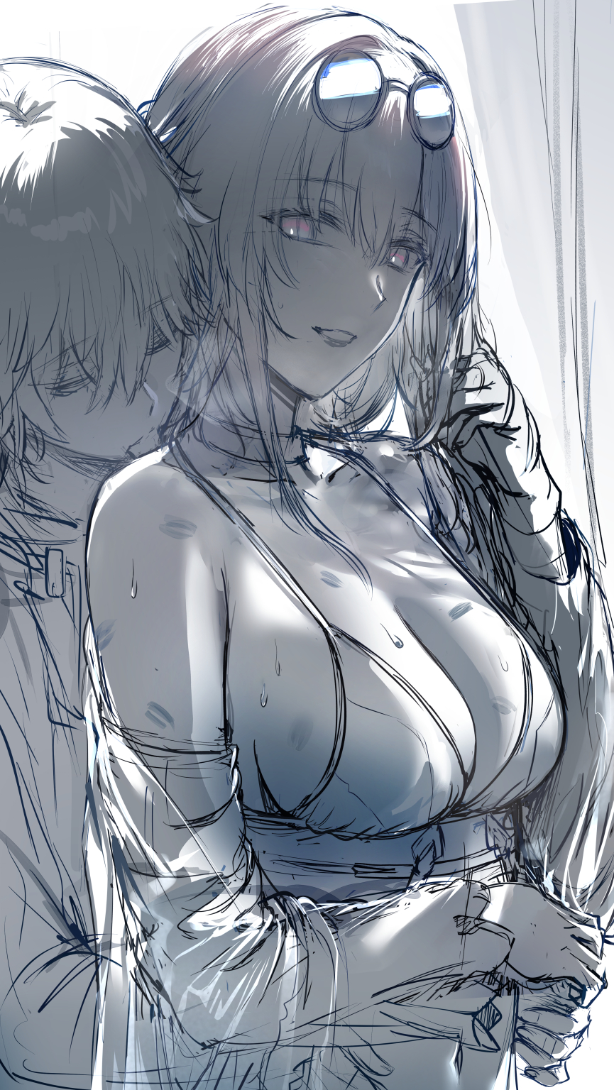 1boy, breasts, caelus (honkai: star rail), choker, cleavage, eyewear on head, faceless male, female, greyscale, hews hack, hickey, highres, honkai (series), honkai: star rail, hug, hug from behind, kafka (honkai: star rail), long hair, male, medium breasts, monochrome, round eyewear, sketch, smile, straight, sunglasses