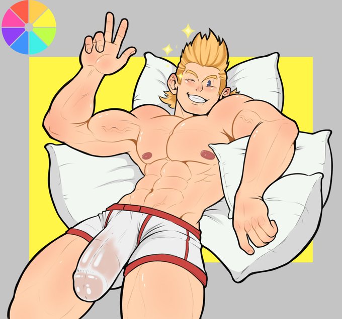 abs blonde_hair blue_eyes boxer_briefs bulge bulge_through_clothing color_wheel_challenge feet_out_of_frame gepp_(artist) light-skinned_female light-skinned_male looking_at_viewer lying_on_back lying_on_pillow male_nipples male_only mirio_togata muscular muscular_arms muscular_male muscular_thighs my_hero_academia nipples on_pillow pecs pillow pink_nipples underwear underwear_only veiny veiny_muscles wet_clothes wet_underwear wink winking_at_viewer