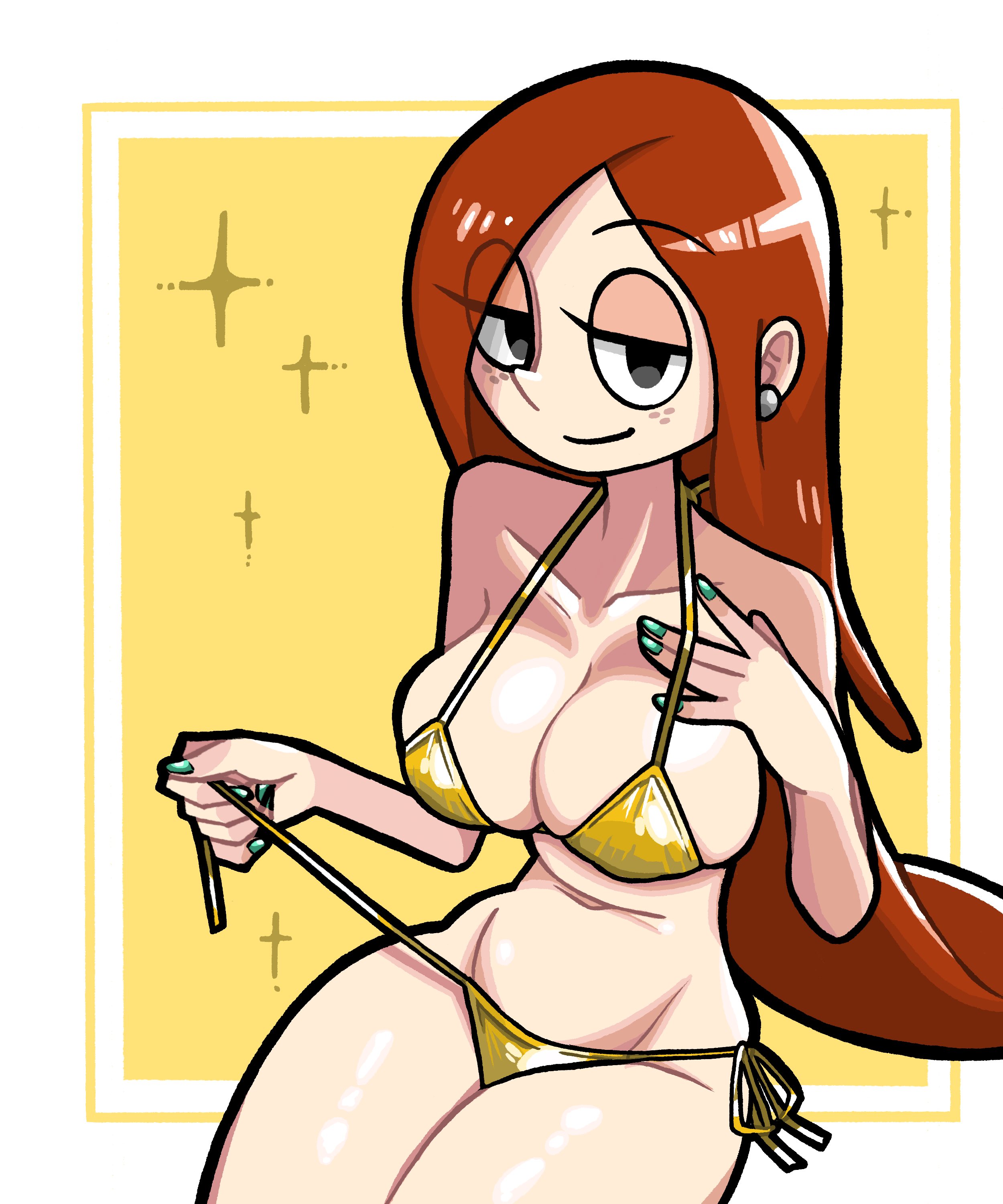 1girls, 2023, belly button, big breasts, bikini, bikini bottom, bikini top, black eyes, breasts, busty, cleavage, cleavage overflow, clothed, clothed female, clothes, clothing, disney, disney channel, disney xd, earrings, eyelashes, female, freckles, freckles on face, front view, gold bikini, gravity falls, green nail polish, hair, half-closed eyes, hi res, human, large breasts, legs together, light skin, light-skinned female, long hair, looking at viewer, n k m, nail polish, navel, orange hair, redhead, simple background, sitting, smile, smiling, smiling at viewer, solo, stomach, straight hair, swimsuit, swimwear, thick thighs, thighs, topwear, untied bikini, wendy corduroy, wide hips, yellow background, yellow bikini