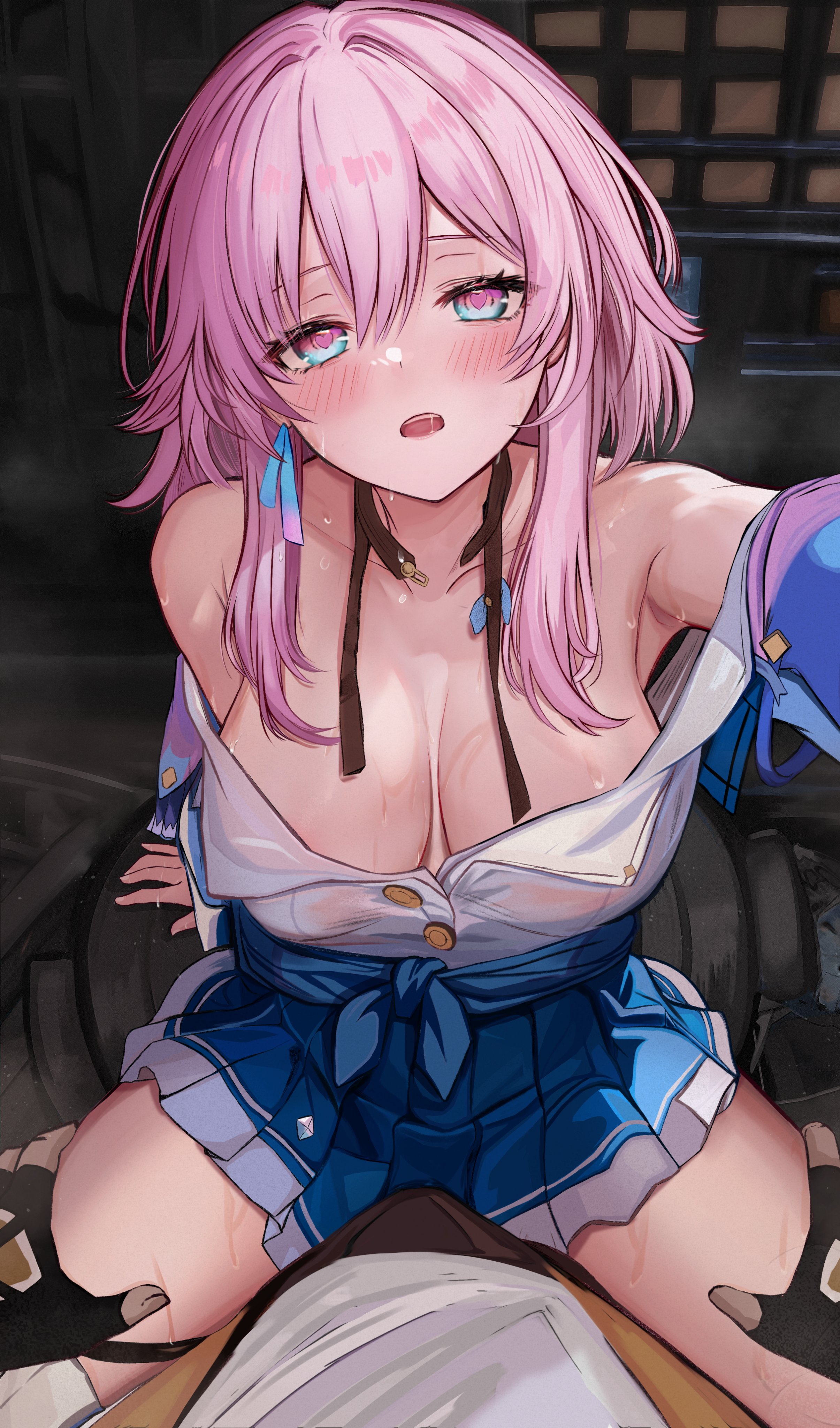 1boy, absurdres, armpits, black choker, blue eyes, blush, breasts, caelus (honkai: star rail), choker, earrings, efuri (riarea00), female, gloves, highres, honkai (series), honkai: star rail, jacket, jewelry, large breasts, looking at viewer, male, march 7th (honkai: star rail), medium hair, multicolored eyes, open mouth, pink hair, saliva, shirt, skirt, straight, thighs, white shirt