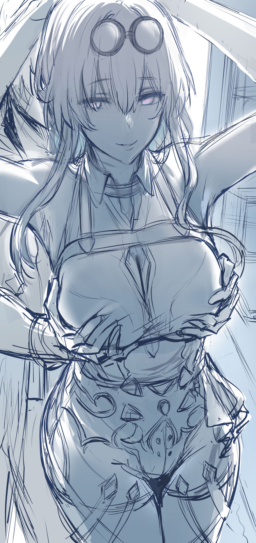 1boy, arms up, bondage, breasts, caelus (honkai: star rail), chest harness, cleavage, eyewear on head, female, grabbing, grabbing another's breast, greyscale, harness, hews hack, highres, honkai (series), honkai: star rail, kafka (honkai: star rail), large breasts, long hair, looking at viewer, male, monochrome, round eyewear, shorts, sidelocks, sketch, smile, sunglasses on head, thighs