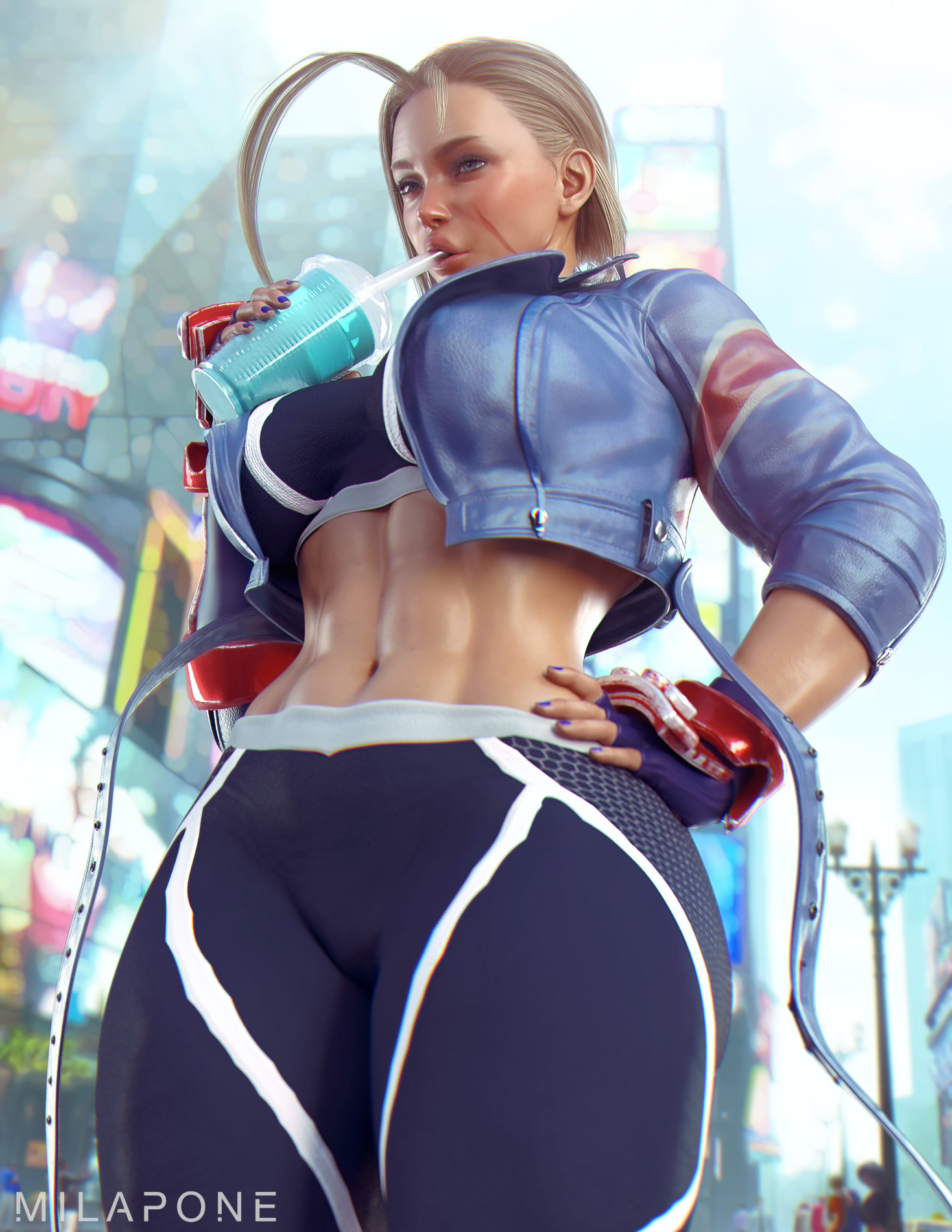 1girls, 3d, 3d (artwork), abs, alternate version available, ass, athletic, athletic female, big ass, big breasts, big thighs, blonde hair, blue nail polish, braided hair, braided twintails, breasts, cammy white, capcom, child bearing hips, drinking, female, female focus, female only, fingerless gloves, fit, fit female, fully clothed, gloves, hi res, highres, hips, large breasts, large thighs, leotard, light skin, light-skinned female, milapone, muscles, muscular, muscular female, scar, scar on face, short hair, solo, solo female, solo focus, standing, street fighter, street fighter 6, thick thighs, thigh gap, thigh strap, thighs, tights, wide hips