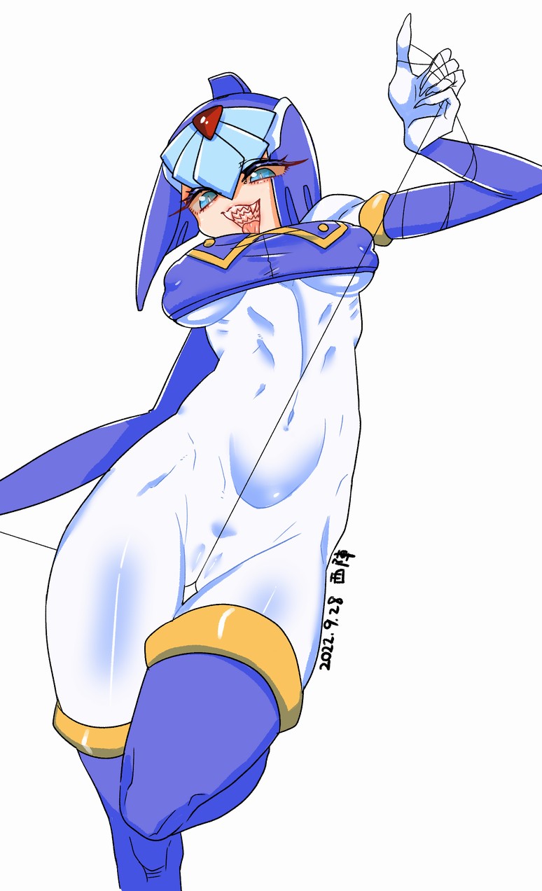 1girls android artificial_skin big_breasts blue_eyes erect_nipples_under_clothes erection fairy_leviathan female helmet mega_man mega_man_zero nipple_bulge robot_girl shark_teeth sharp_nails solo tagme thighhighs underboob yuki_nishijin