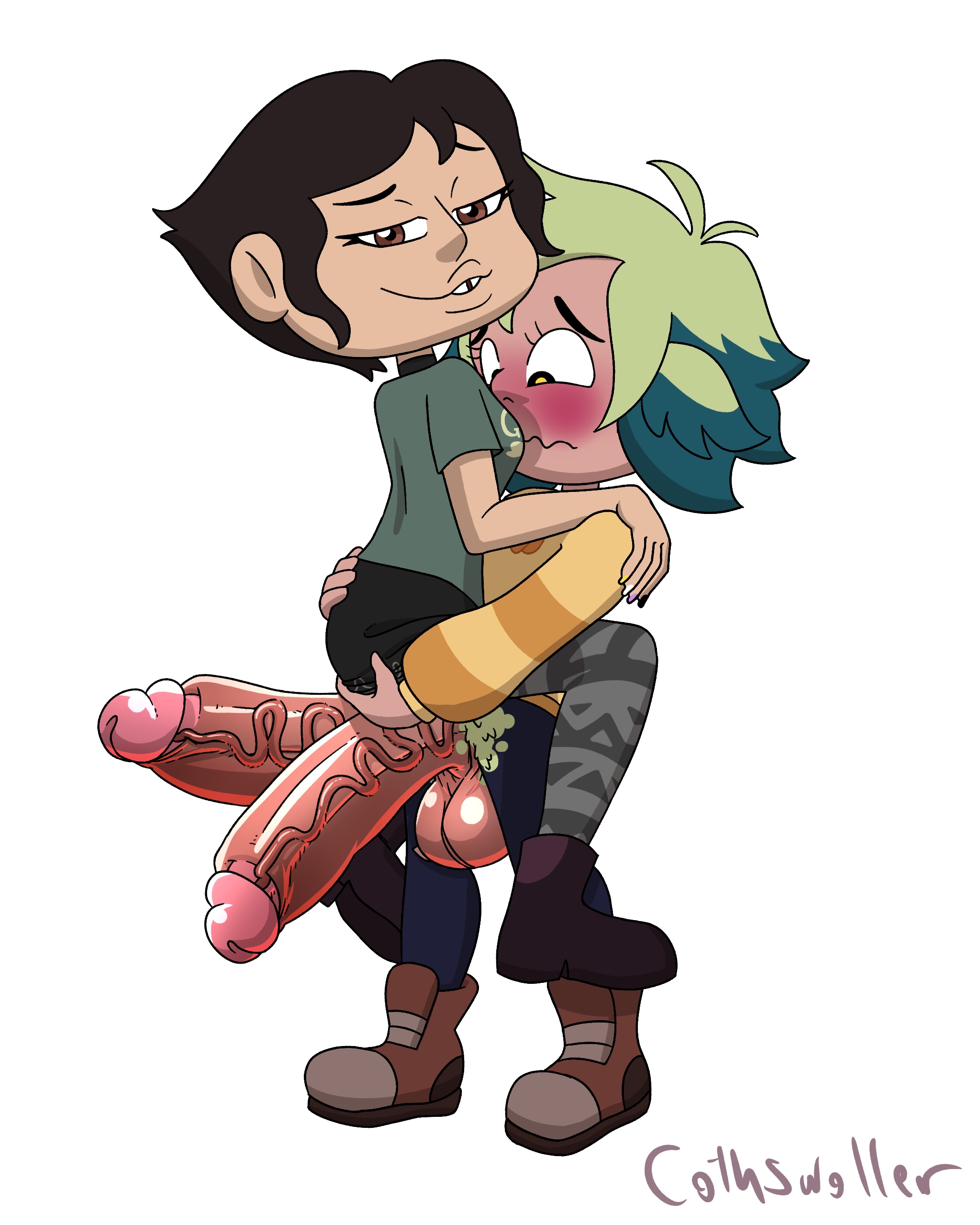1futa, artist name, artist signature, balls, basilisk (the owl house), black hair, blush, blushing, breasts, brown eyes, clothed, cothswoller, diphallia, diphallism, foreskin, fully clothed, futanari, green and blue hair, hands on ass, hands on shoulders, huge cock, intersex, looking at breasts, looking at partner, looking at viewer, looking down, masha (the owl house), mostly clothed, mostly clothed futa, multi genitalia, multi penis, multicolored hair, nervous, penis, shapeshifter, short hair, stand and carry position, the owl house, uncircumcised, vee (the owl house), vee (the owl house) (human), veiny penis, white background, yellow eyes