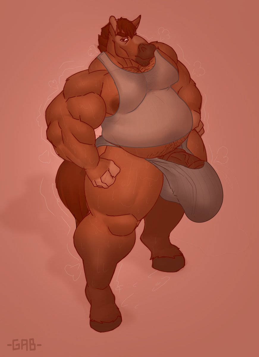 1boy anthro balls bara barazoku big_balls big_penis bulge flaccid furry gab_art horse horsecock male male_only medial_ring muscles muscular musk overweight penis solo solo_male sweat sweat_stain sweating tank_top underwear