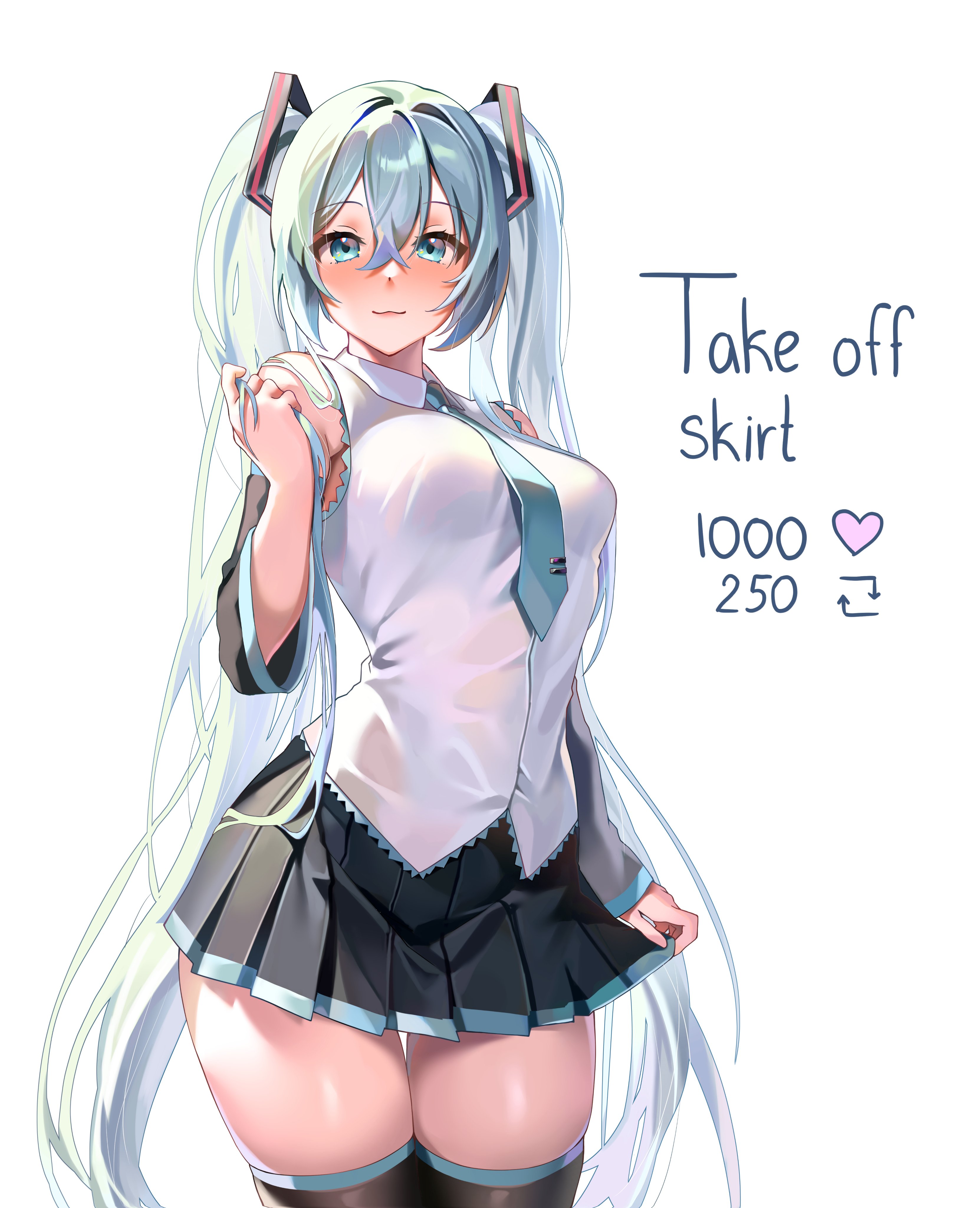 :3, 1girl, 1girls, aqua eyes, aqua hair, bangs, bare shoulders, black skirt, black thighhighs, blue eyes, blush, breasts, chest, closed mouth, clothed, collared shirt, cowboy shot, detached sleeves, female, female only, hair between eyes, hair ornament, hatsune miku, heart, highres, light skin, light-skinned female, long hair, looking at viewer, machulanko, medium breasts, miniskirt, necktie, pleated skirt, shirt, simple background, skindentation, skirt, sleeveless, sleeveless shirt, smile, solo, standing, stockings, strip game, thick thighs, thighhighs, thighs, tie, twintails, very long hair, vocaloid, white background, white shirt, zettai ryouiki