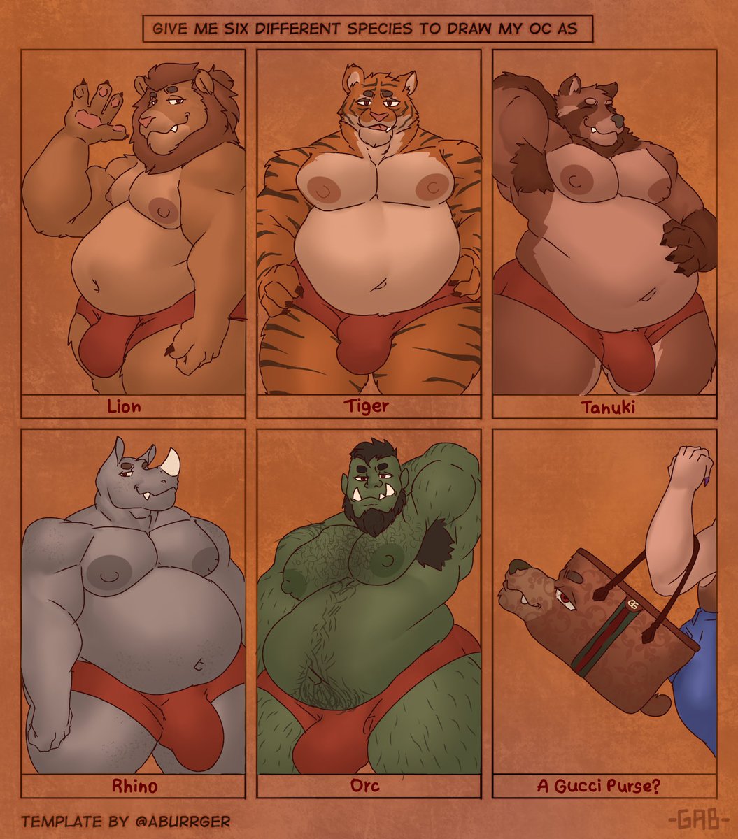 6boys anthro armpit_hair balls bara barazoku beard big_balls big_penis bulge facial_hair flaccid furry gab_art gay gay_male green_skin hairy lion male male_only musclegut muscles muscular oc orc penis purse rhinoceros tanuki tiger underwear