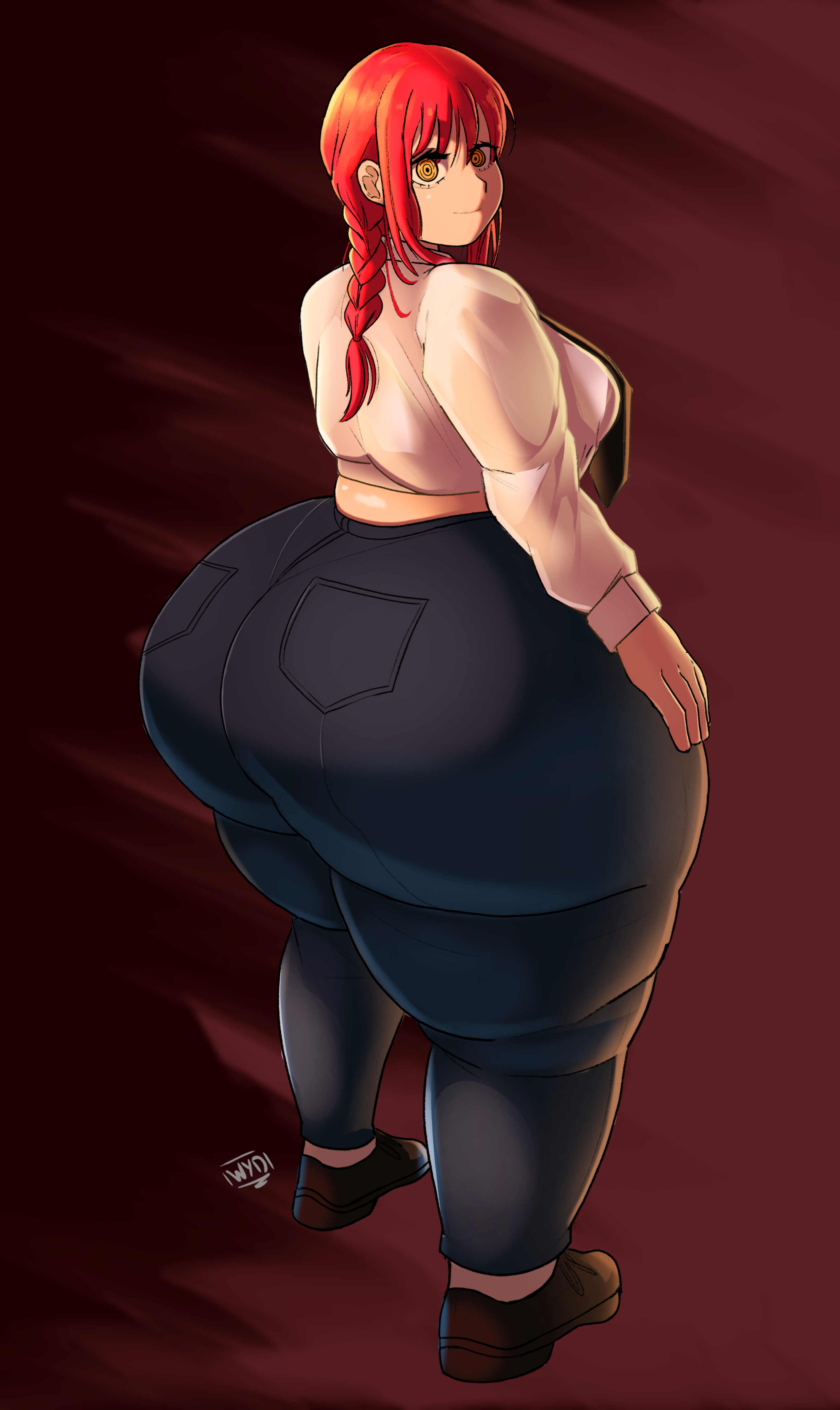 1girls, ass, back view, braided hair, breasts, chainsaw man, curvaceous, curvy, female, hands on hips, hips, huge ass, huge breasts, huge thighs, looking at viewer, looking back, makima (chainsaw man), massive thighs, midriff, necktie, overweight, overweight female, pants, pantylines, red hair, shirt, shoes, smile, solo, thighs, voluptuous, whatyoudeserved, wide hips, yellow eyes