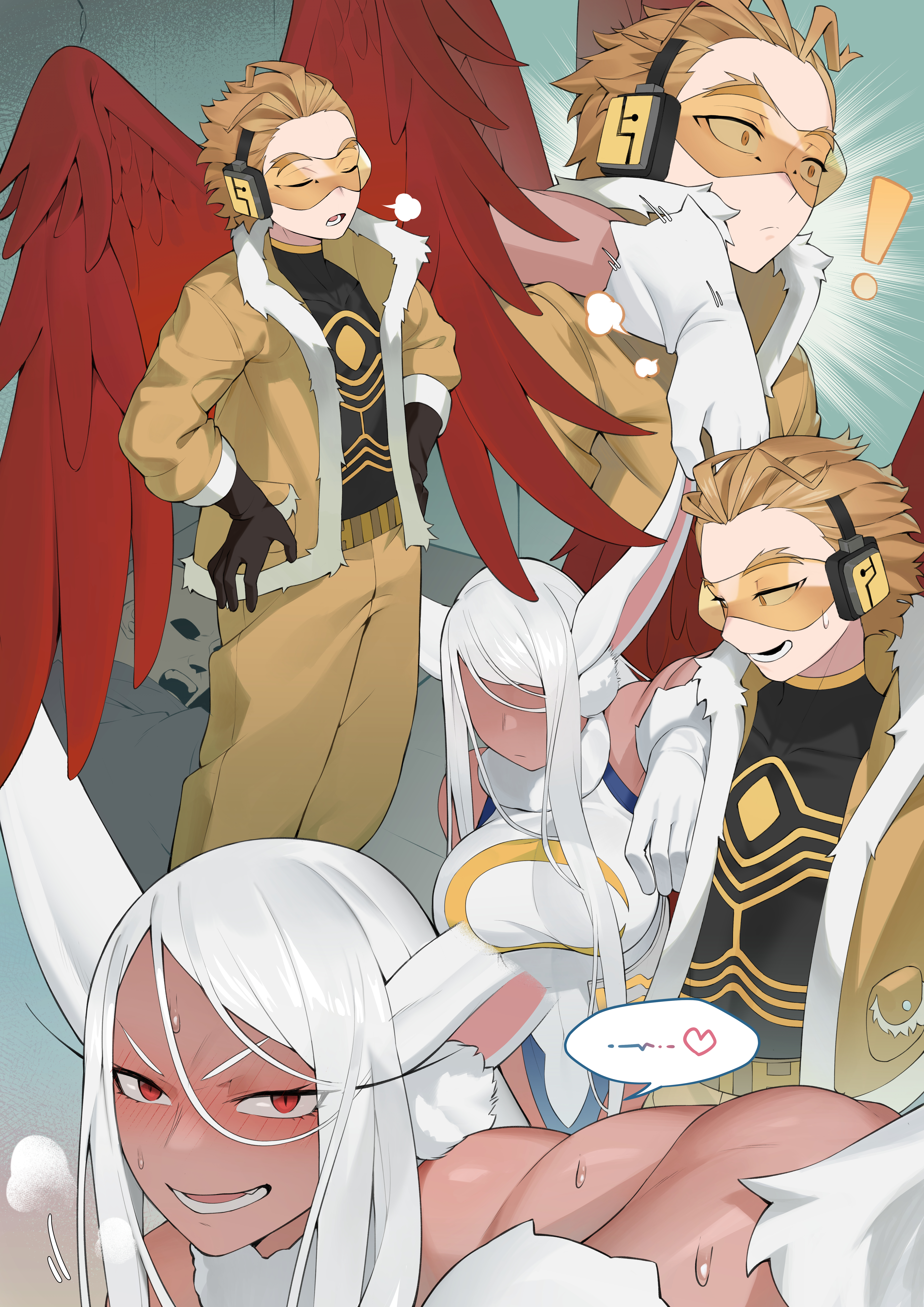 1boy, 1girls, blonde hair, blonde-haired male, blush, bunny ears, bunnysuit, dark skin, dark-skinned female, female, hawks (my hero academia), heavy breathing, in heat, keigo takami, kopam, leaning on person, leotard, long ears, male, male/female, miruko, my hero academia, rabbit ears, rabbit girl, red eyes, red wings, rumi usagiyama, straight, surprised expression, takami keigo, visible breath, white hair, white-haired female, wings