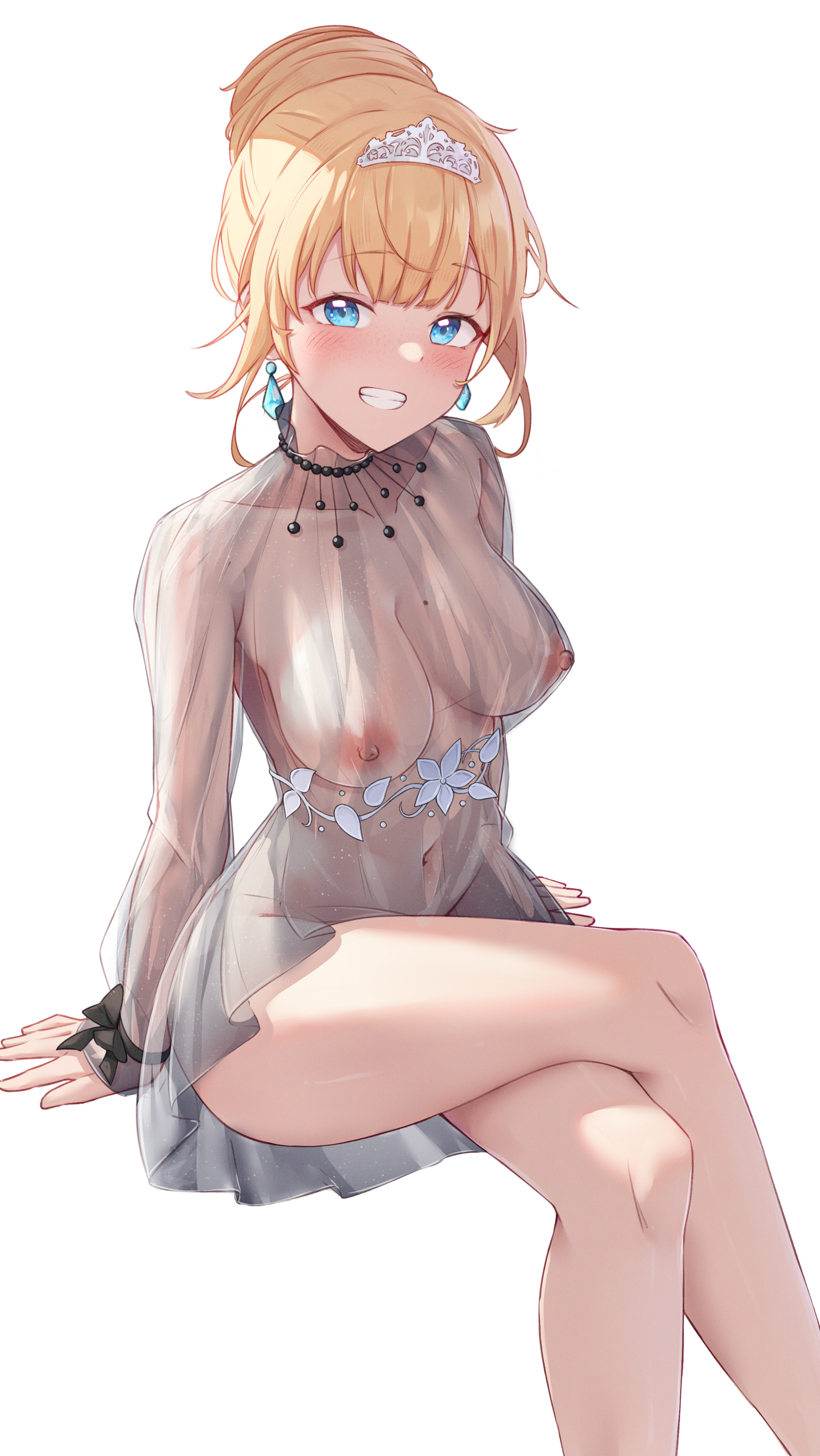 1girls, aqua eyes, areolae, big breasts, blonde hair, blue eyes, blush, breasts, breasts visible through clothing, bun, crossed legs, dress, earrings, female, female only, happy, highres, hololive, hololive english, hololive myth, knees, large breasts, legs, light skin, light-skinned female, looking at viewer, mole, mole on breast, navel, nipples, nipples visible through clothing, see-through, see-through clothing, see-through dress, shironekokfp, sitting, smile, solo, teeth, thighs, tiara, tied hair, virtual youtuber, watson amelia, white background