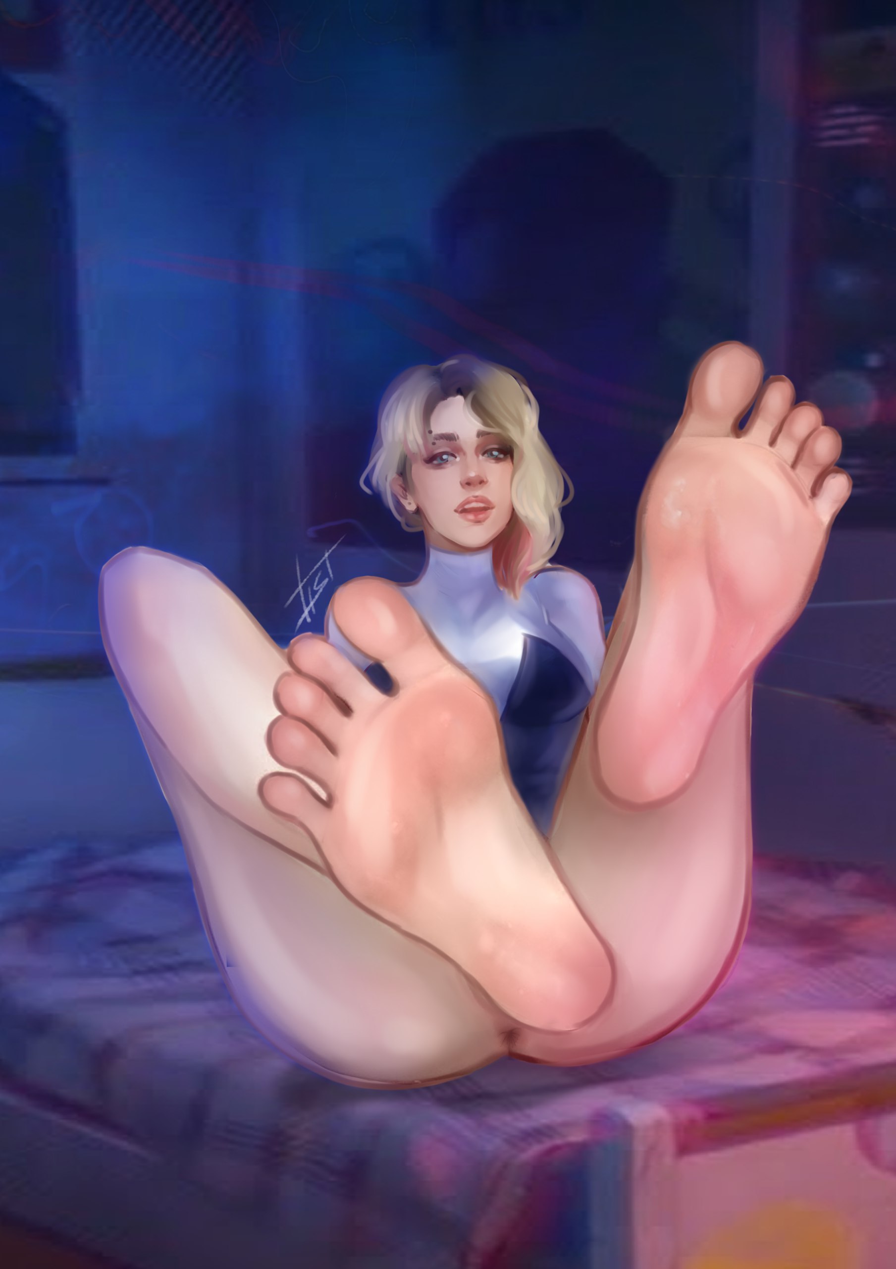 1girls, barefoot, eyebrow piercing, feet, female, female only, foot fetish, foot focus, gwen stacy, marvel, marvel comics, solo, spider-gwen, spider-man (series), spider-man: across the spider-verse, spider-man: into the spider-verse, toes