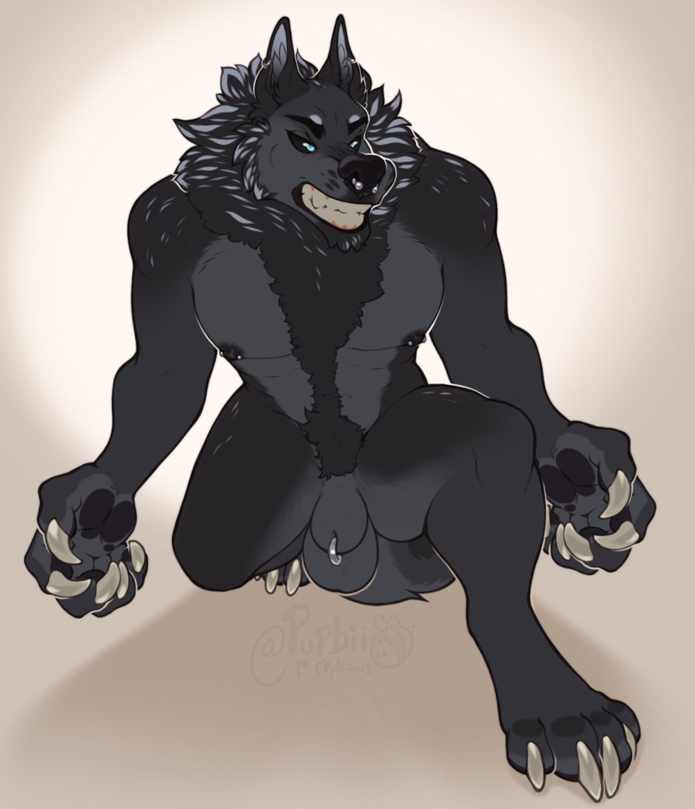 angry animal_genitalia anthro balls black_body black_fur blue_eyes canid canine canis claws ear_piercing facial_piercing fangs fingers fur genitals hairy male mammal manly nose_piercing paws piercing seraphictiger sheath teeth vex_(disambiguation) wolf