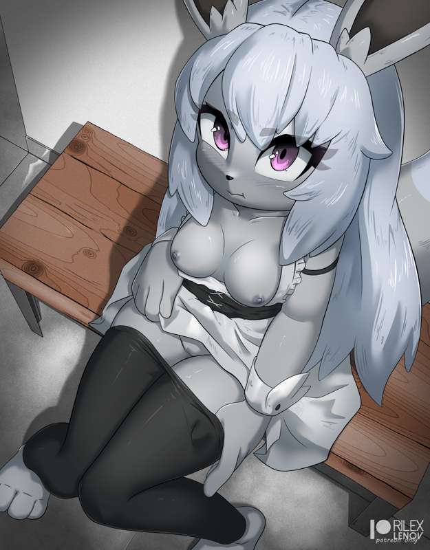 anthro, breasts, eevee, exposed breasts, exposed pussy, female, maid, maid headdress, maid uniform, pokemon, pokemon (species), pussy, rilex lenov