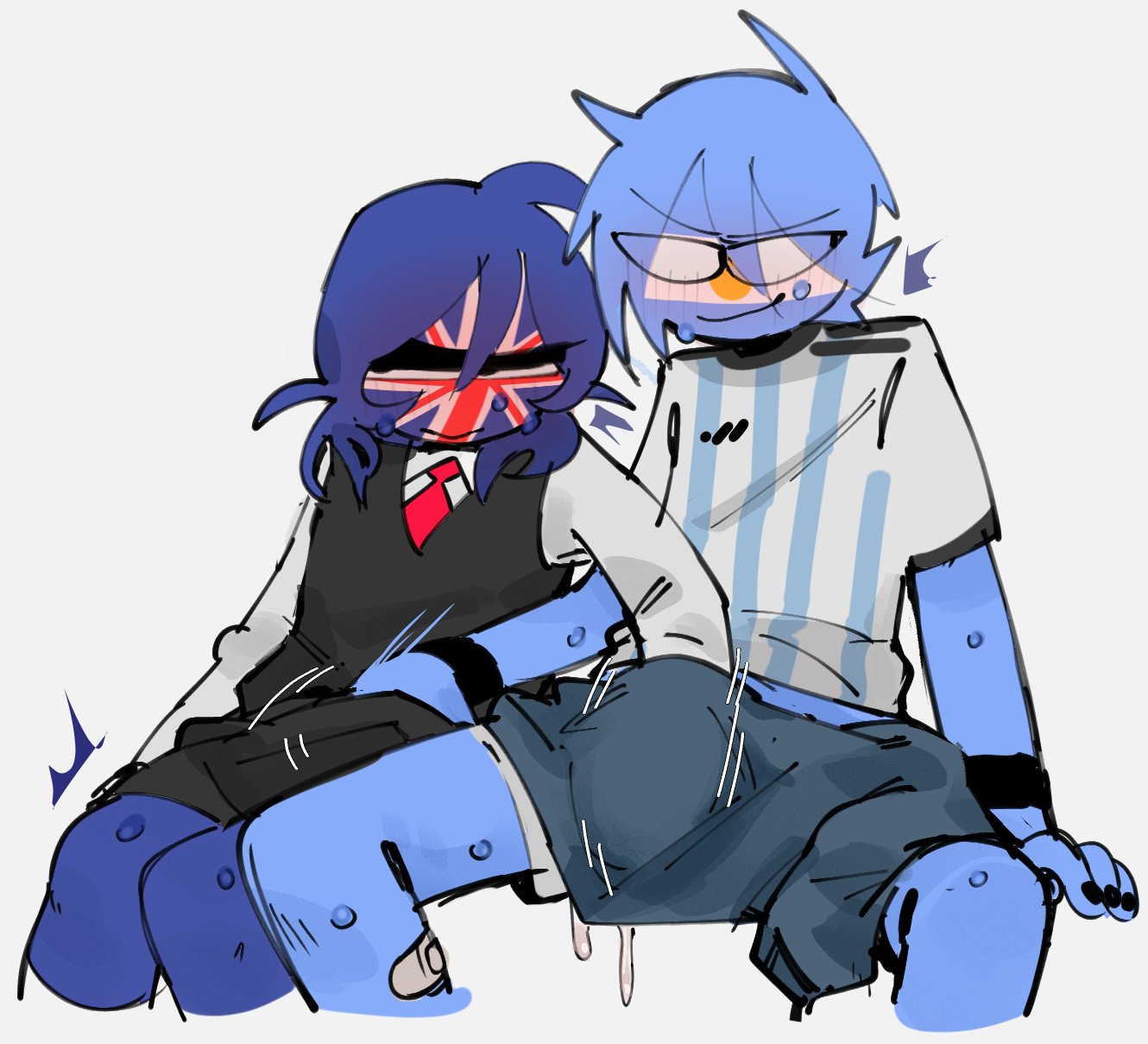 2boys, ailewzol, argentina (countryhumans), blush, countryhumans, cum, erect nipples under clothes, gay, handjob under clothes, male, male only, simple background, united kingdom (countryhumans), white background, yaoi