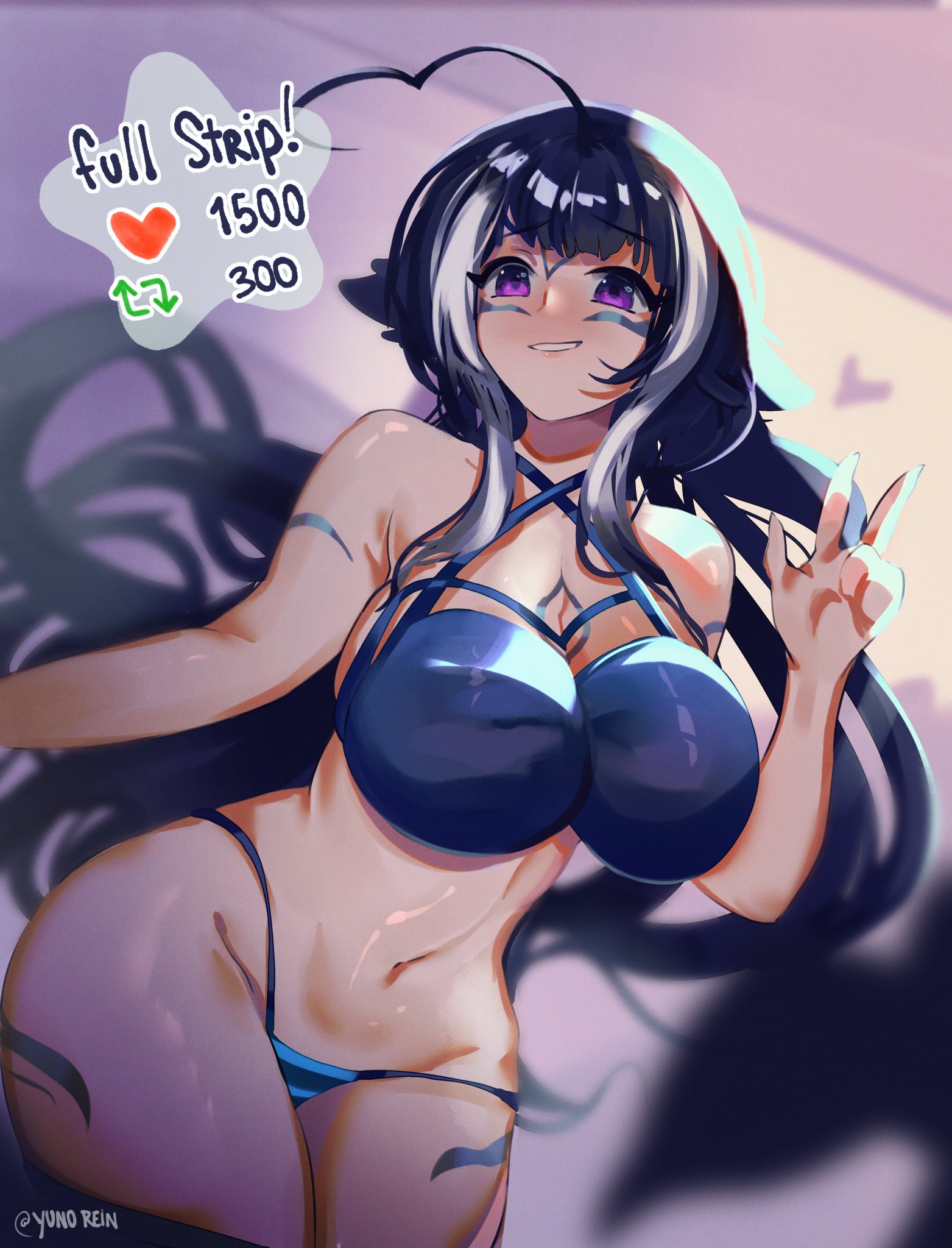 1girls, belly button, big breasts, bikini, bikini bottom, bikini top, black hair, blush, breasts, clothed, clothing, eyebrows visible through hair, face markings, female, female only, indie virtual youtuber, indoors, light skin, light-skinned female, like icon, looking at viewer, markings, orca girl, orca tail, painting, purple eyes, retweet icon, shylily, solo, strip game, tail, two-tone hair, v, virtual youtuber, white hair, yuno rein