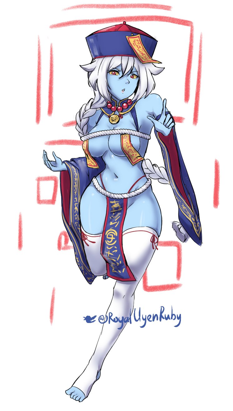 blue_body dead_luna_(soul_knight) hat jiangshi necromancer_(soul_knight) red_eyes royaluyenruby soul_knight thick_thighs thighs thong toes white_hair