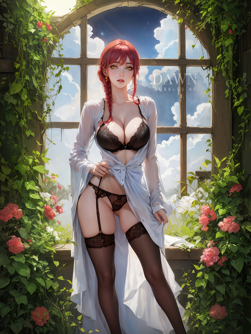1girls, ai generated, breasts, chainsaw man, curvy, curvy body, curvy female, female, garter straps, huge breasts, lingerie, long hair, makima (chainsaw man), ponytail, red hair, solo, stable diffusion, stockings, voluptuous, voluptuous female